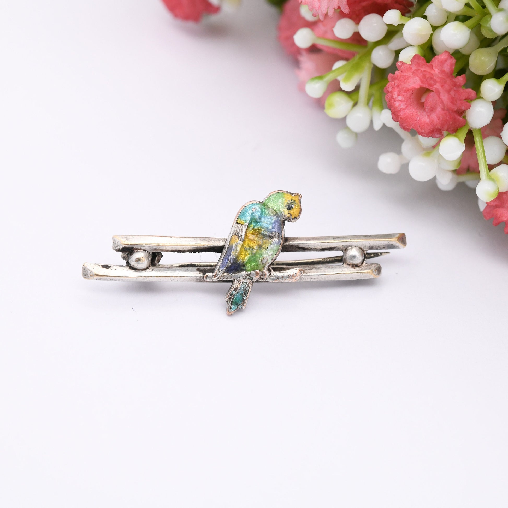 Vintage Enamel Bird Bar Brooch - Colourful Painted Songbird on a Branch | Cockatoo Parrot | c. 1940s - 1950s