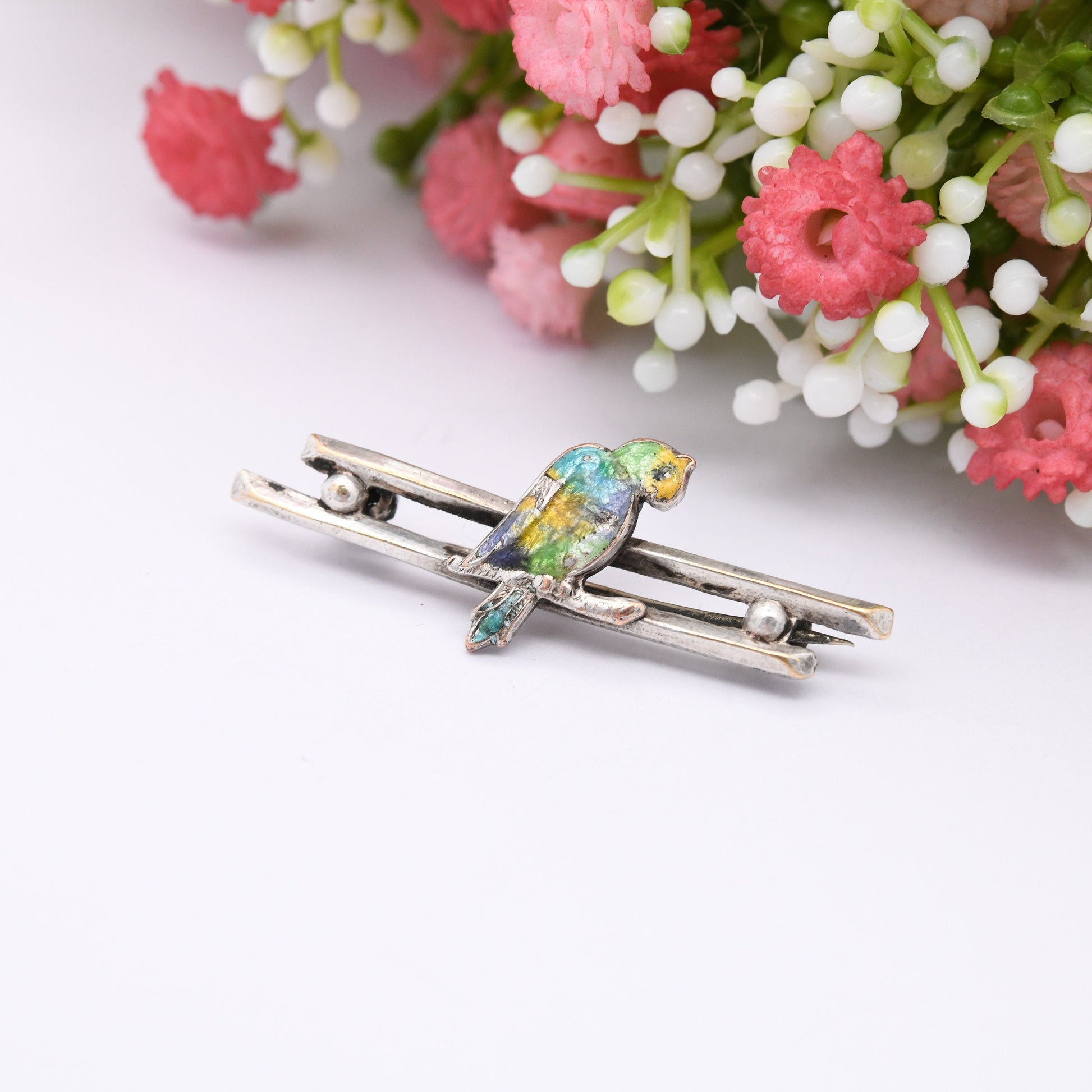 Vintage Enamel Bird Bar Brooch - Colourful Painted Songbird on a Branch | Cockatoo Parrot | c. 1940s - 1950s