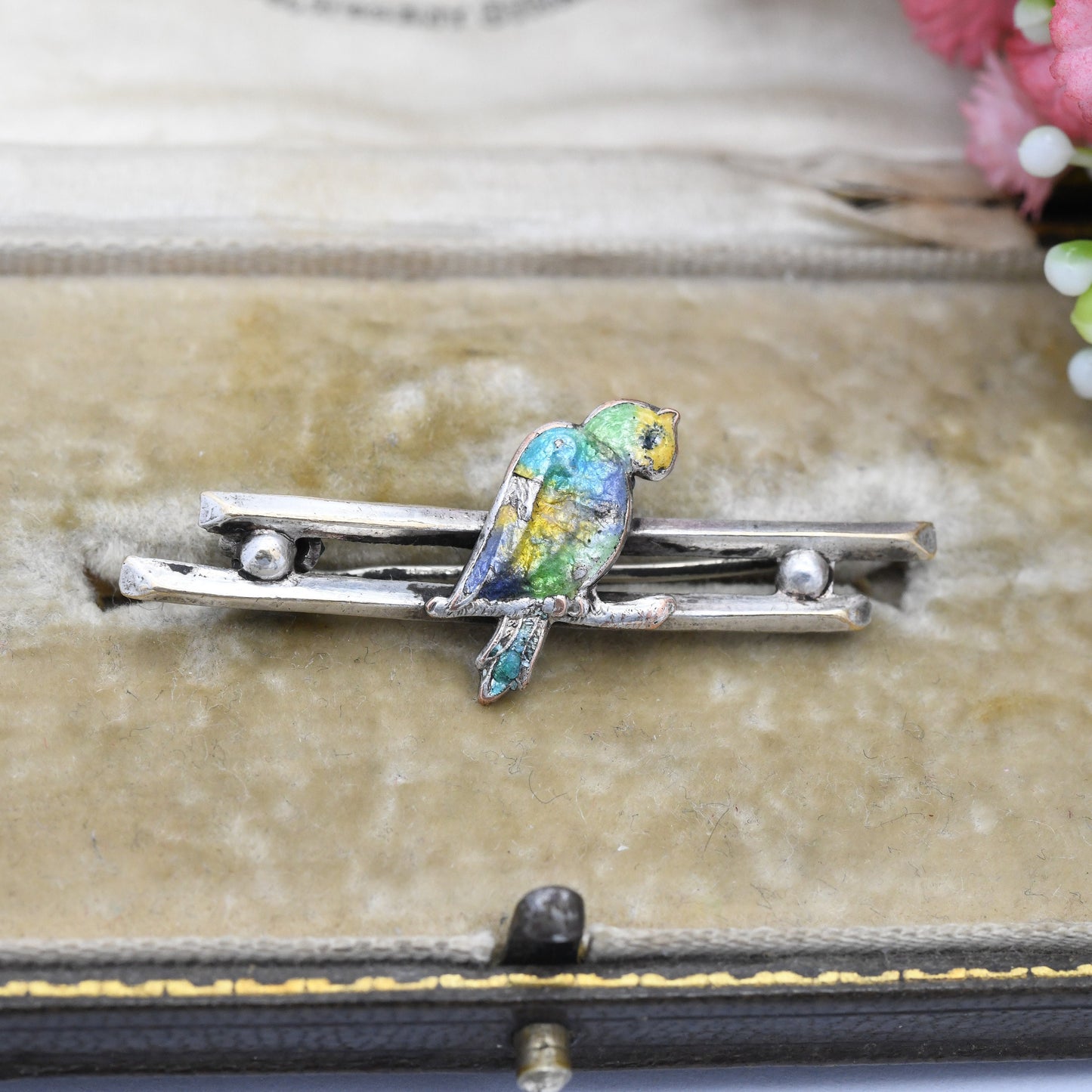 Vintage Enamel Bird Bar Brooch - Colourful Painted Songbird on a Branch | Cockatoo Parrot | c. 1940s - 1950s