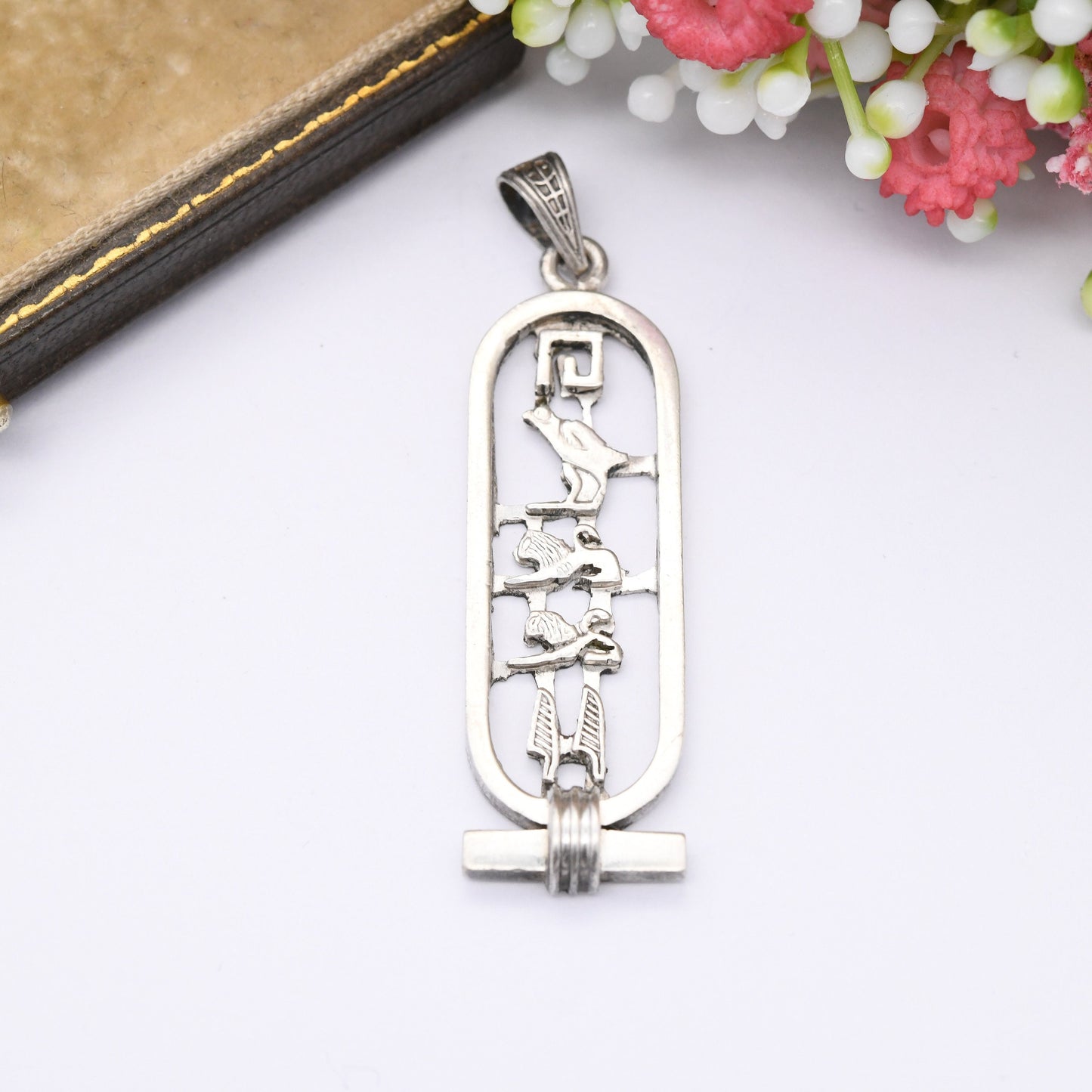 Vintage Silver Egyptian Cartouche Pendant with Hieroglyphs - Spelling Out Name Holly | Openwork Design Ancient Egypt Symbols