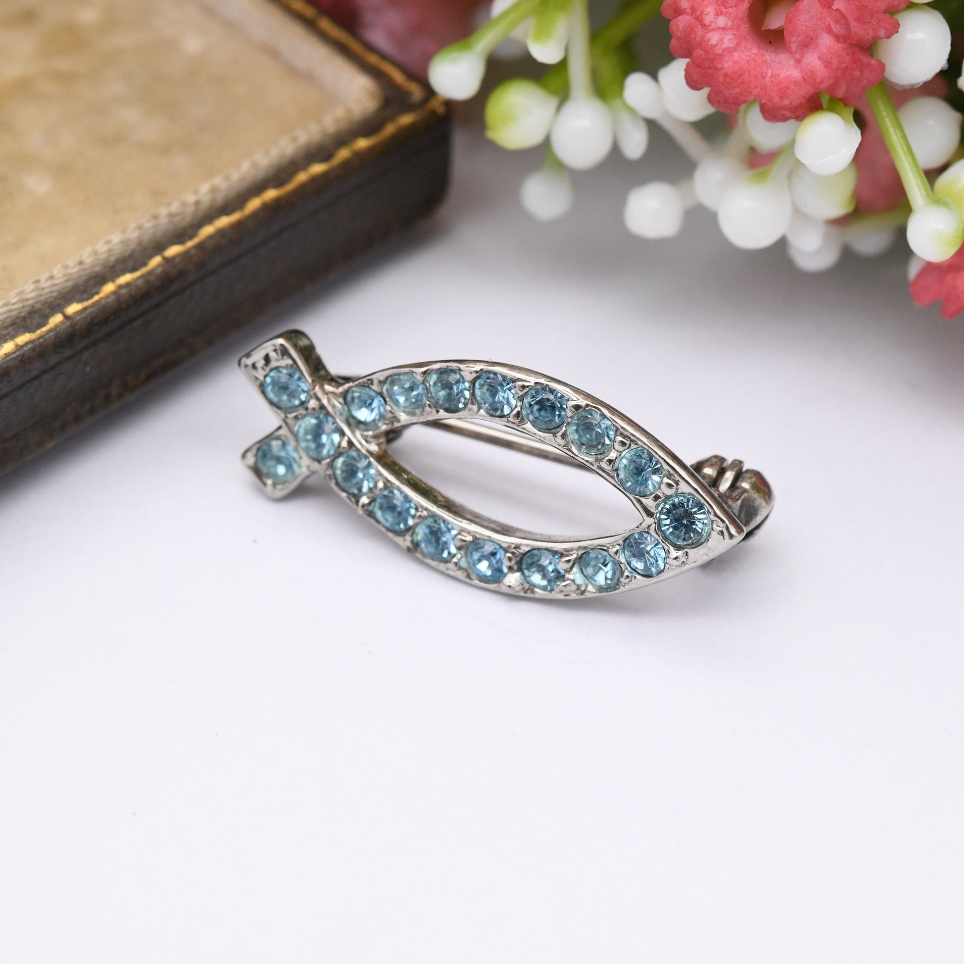 Vintage Fish Brooch Blue Rhinestone Crystals - Ichthys Christian Fish Symbol | Aqua Stones