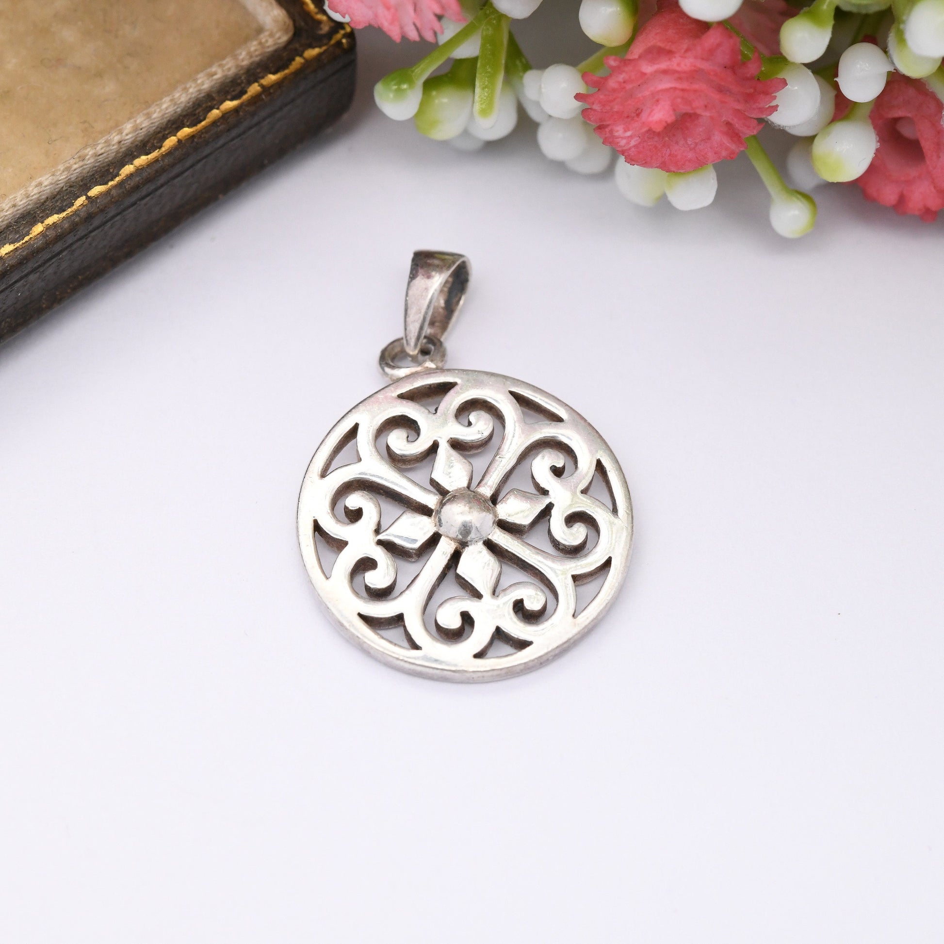 Vintage Sterling Silver Pendant with Openwork Heart Design - Circular Necklace Charm