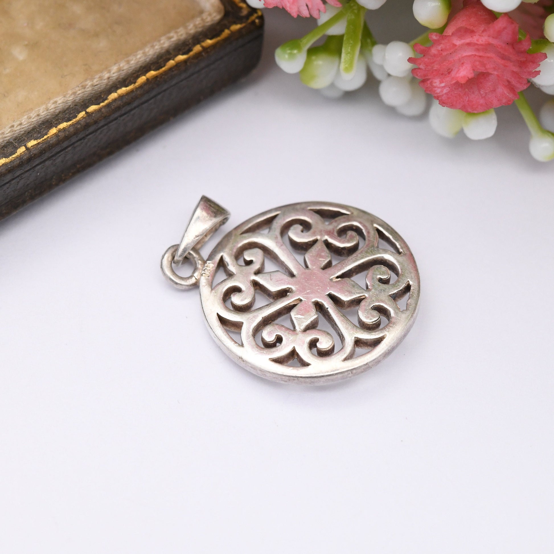 Vintage Sterling Silver Pendant with Openwork Heart Design - Circular Necklace Charm