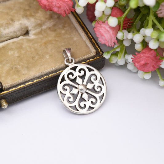 Vintage Sterling Silver Pendant with Openwork Heart Design - Circular Necklace Charm