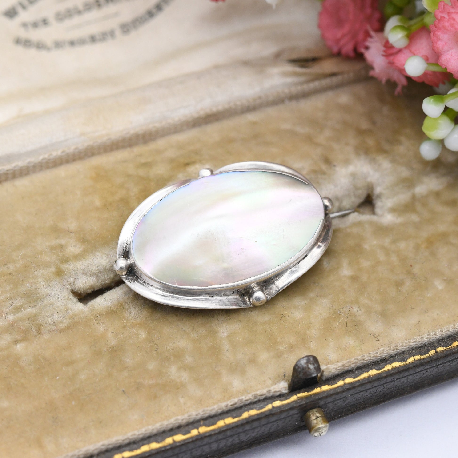 Antique Arts and Crafts Sterling Silver Mother of Pearl Brooch - Oval Shape Granulated Edge Border