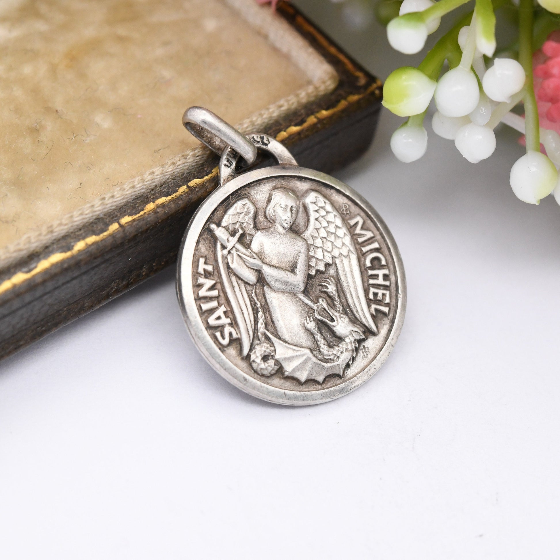 Vintage French Silver St. Michael and Dragon Charm Pendant - Mid-Century European Religious Silver Jewellery | .800 Solid Silver