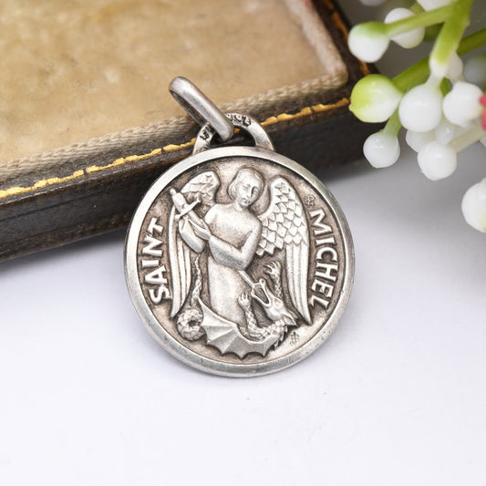 Vintage French Silver St. Michael and Dragon Charm Pendant - Mid-Century European Religious Silver Jewellery | .800 Solid Silver