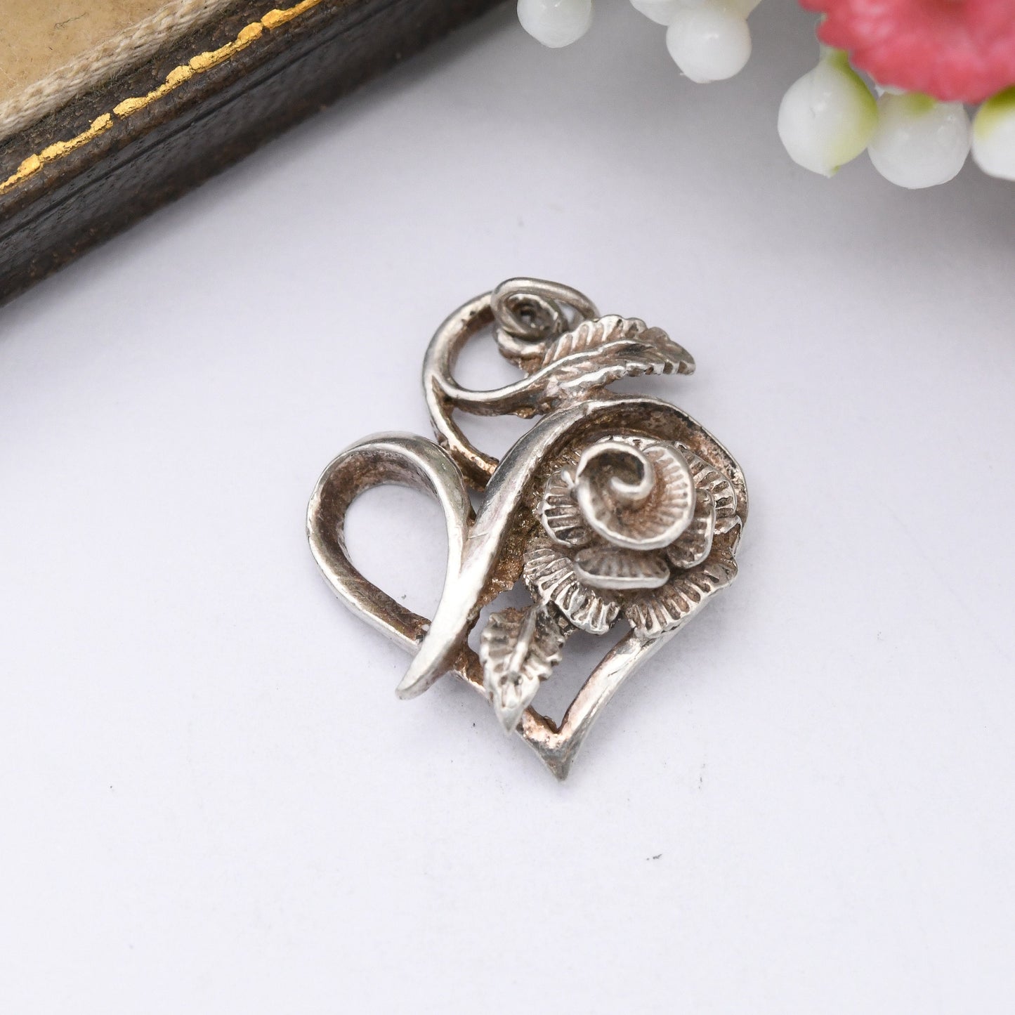 Vintage Sterling Silver Rose Flower Pendant in Love Heart Shape - Pretty Mid-Century Textured Flower Jewellery