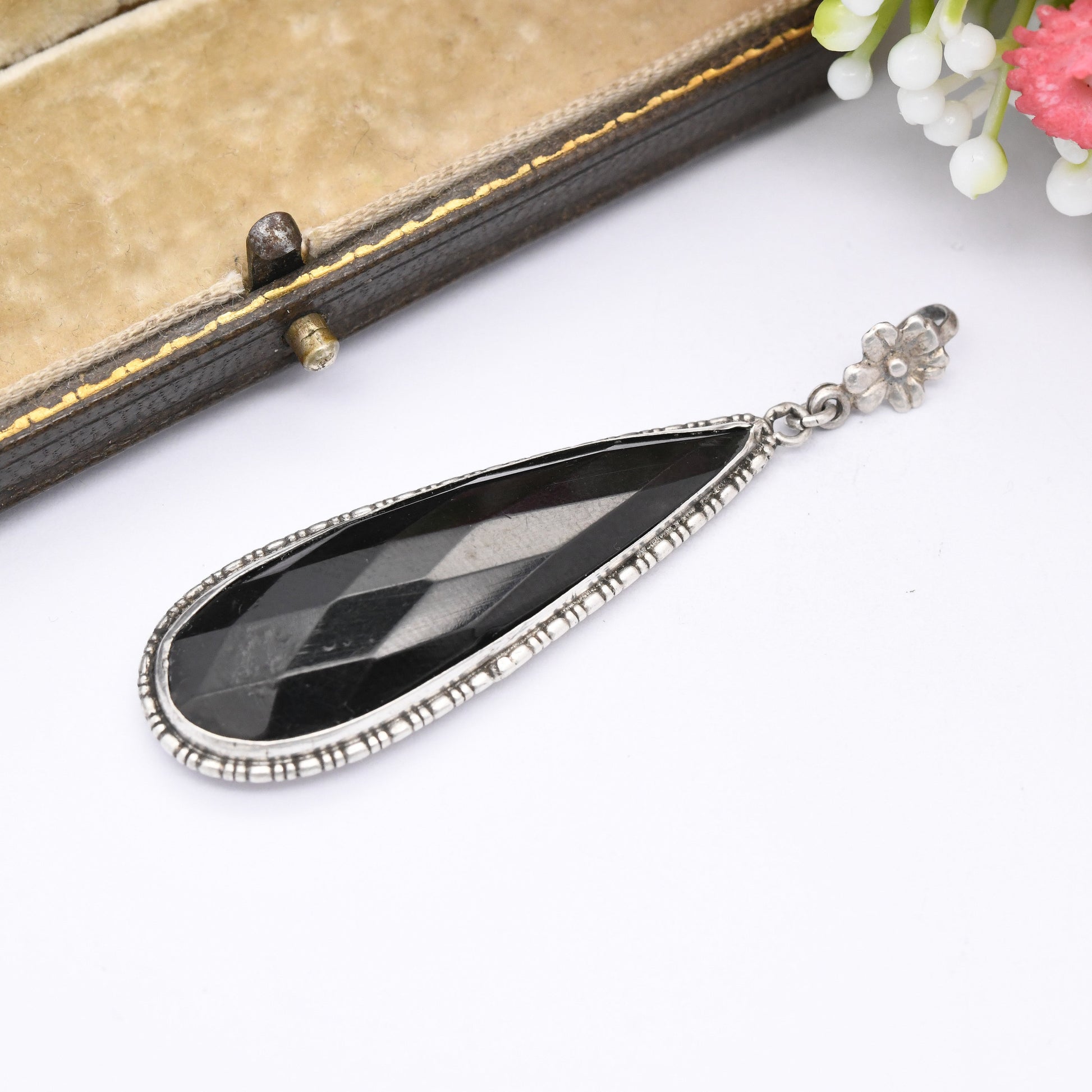 Antique Thomas Mott Sterling Silver Black Pendant - Art Deco Era c. 1920 1930 | Large Faceted Black Glass Stone | TLM Designer Silver