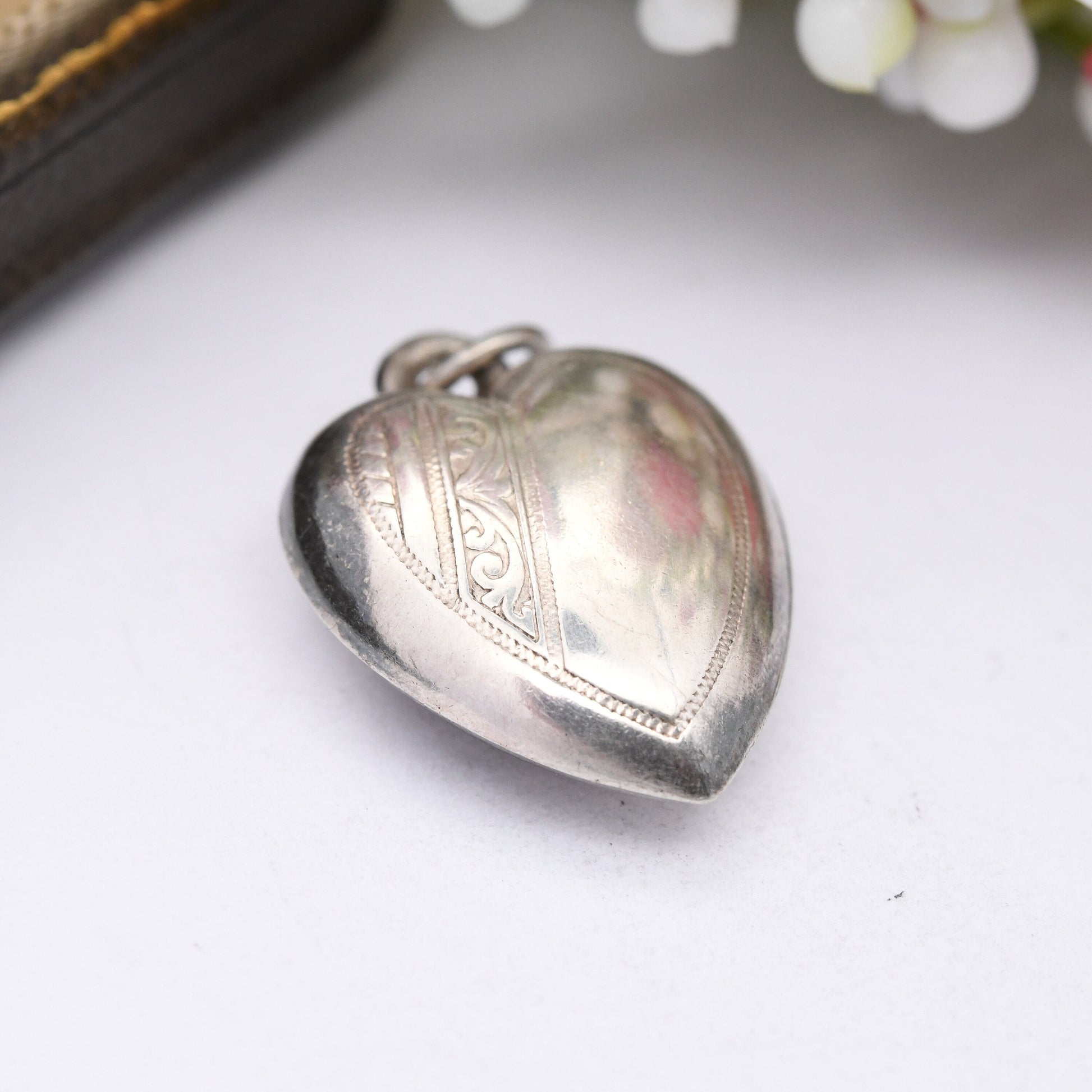 Vintage Sterling Silver Puffed Heart Charm Pendant - Engraved Pattern Small Love Heart | Sentimental Gift for Charm Necklace Stack