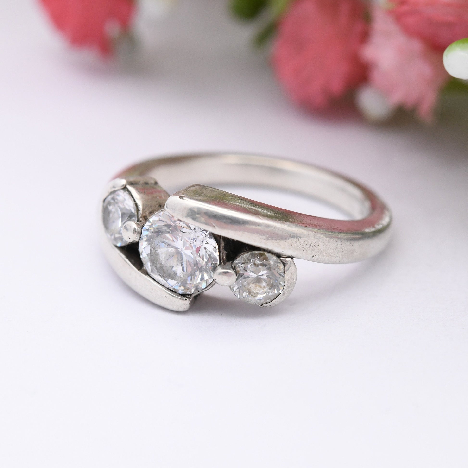 Sterling Silver Cubic Zirconia Three Stone Ring - Large White Stones CZ Chunky Ring Y2K | Placeholder Ring | UK Size - M | US Size - 6 1/4