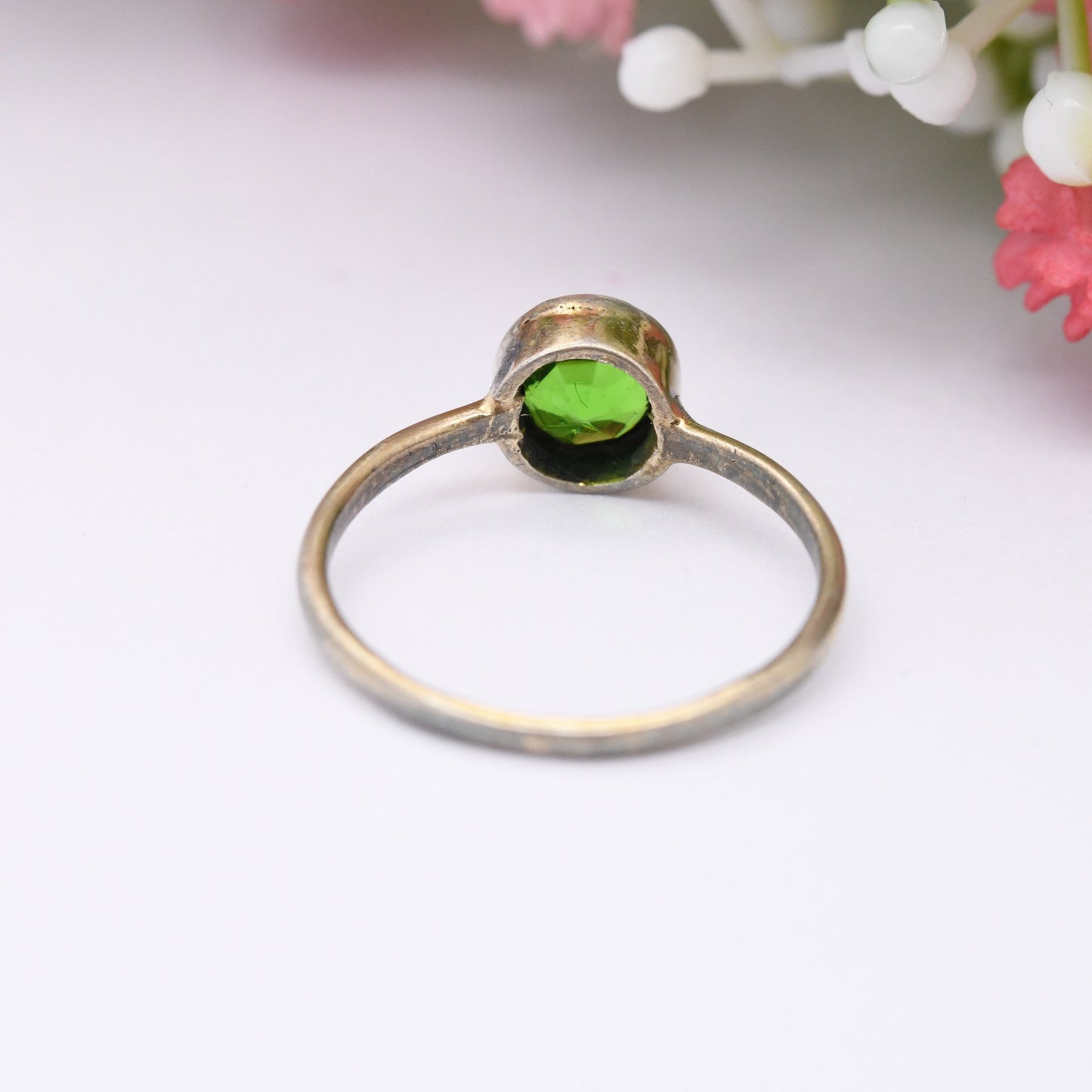 Vintage Silver Bright Green Stone Ring Gold Plated - Emerald Green Pinkie Ring Small Size | UK Size - H 1/2 | US Size - 4