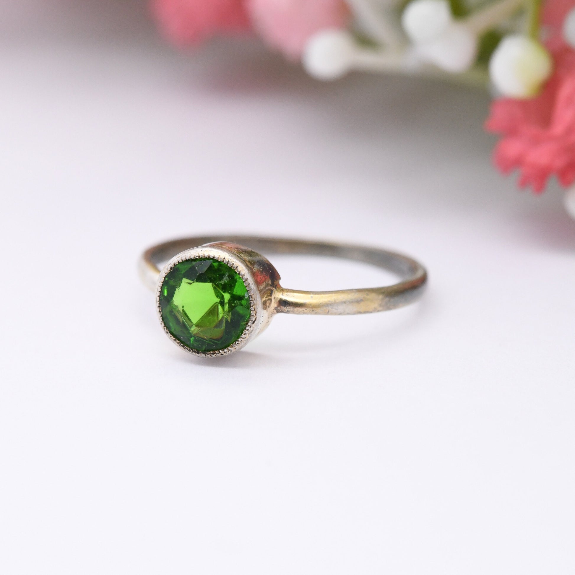 Vintage Silver Bright Green Stone Ring Gold Plated - Emerald Green Pinkie Ring Small Size | UK Size - H 1/2 | US Size - 4