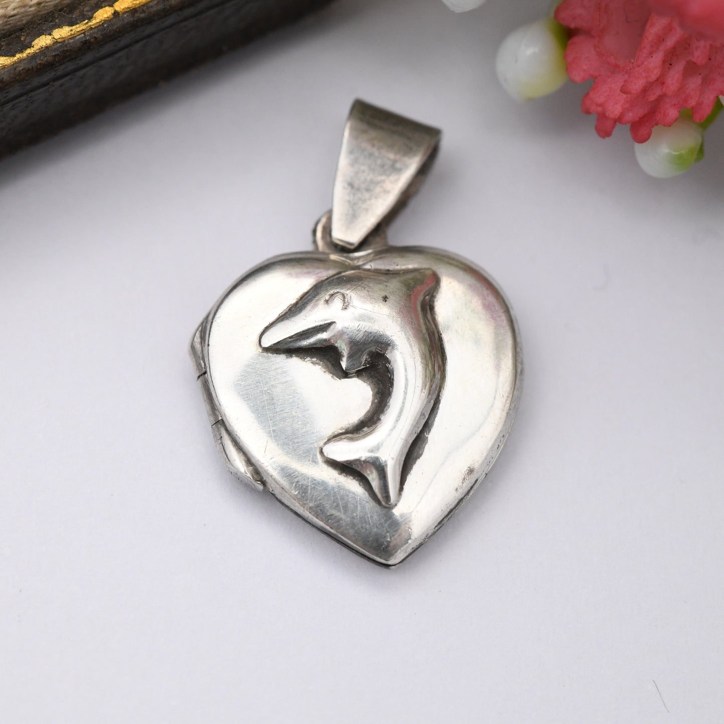 Vintage Sterling Silver Dolphin Heart Locket Pendant - Small Love Heart Shape | Minimal Everyday Solid Silver Jewellery | Sweet Gift for Her