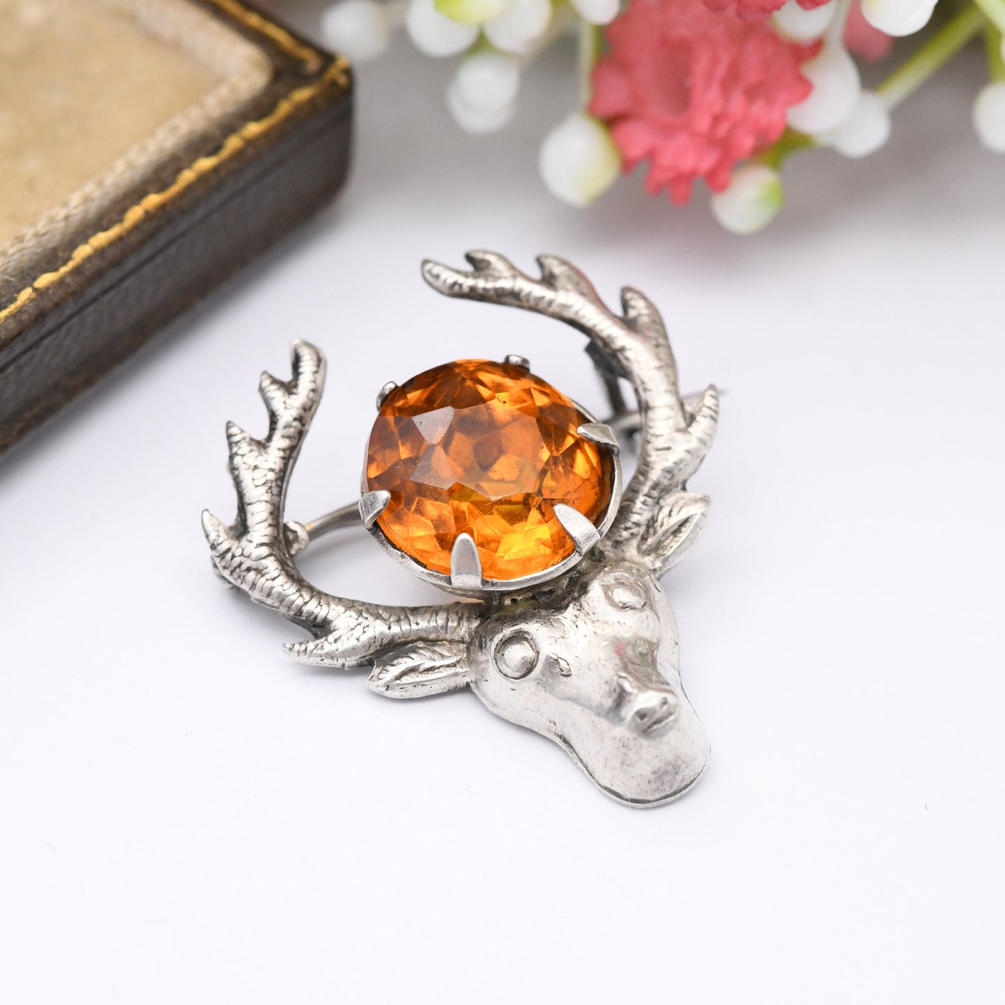 Vintage Ward Brothers Sterling Silver Stag Brooch - Collectable WBs Scottish Silver | Deer with Antlers | Large Orange Paste Stone