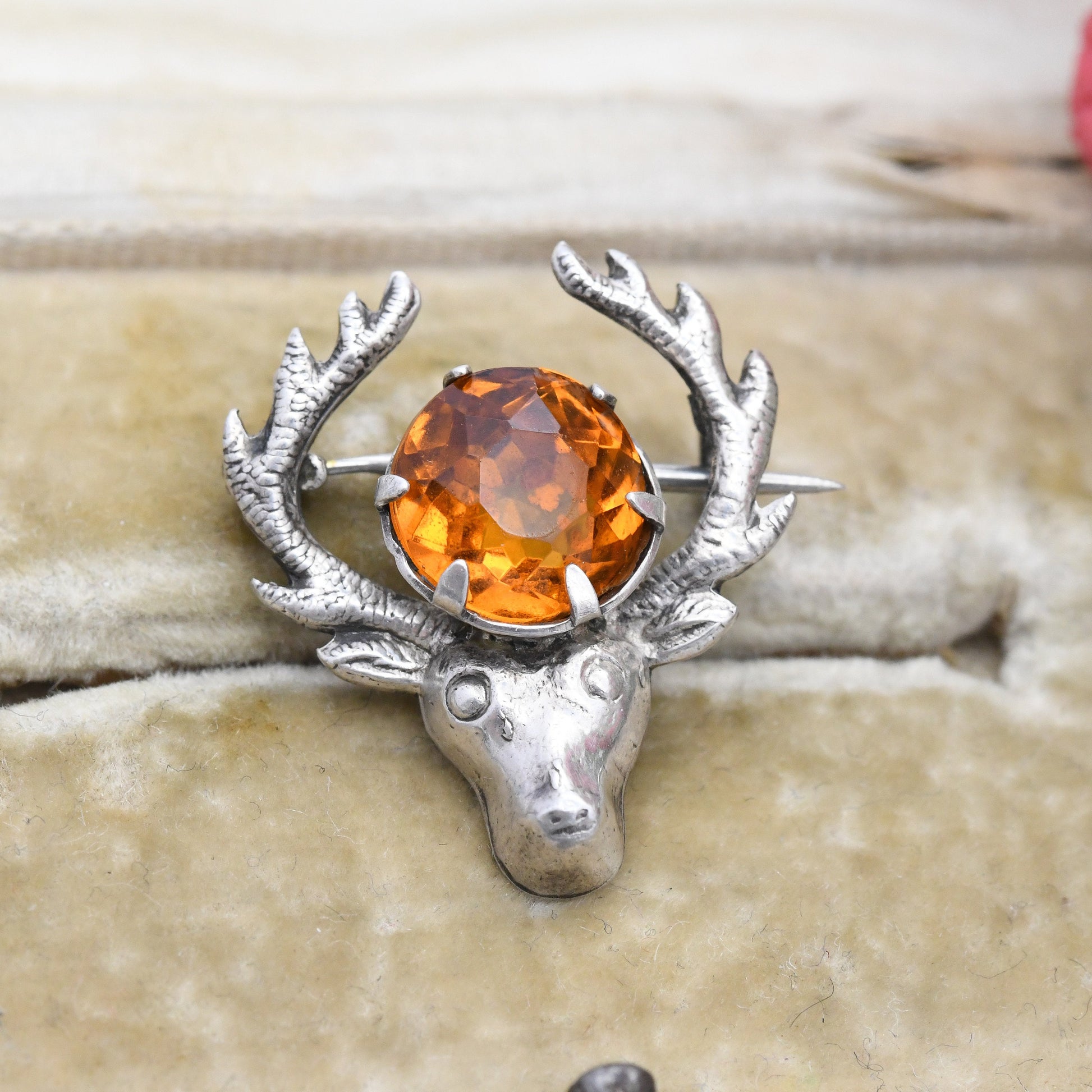 Vintage Ward Brothers Sterling Silver Stag Brooch - Collectable WBs Scottish Silver | Deer with Antlers | Large Orange Paste Stone