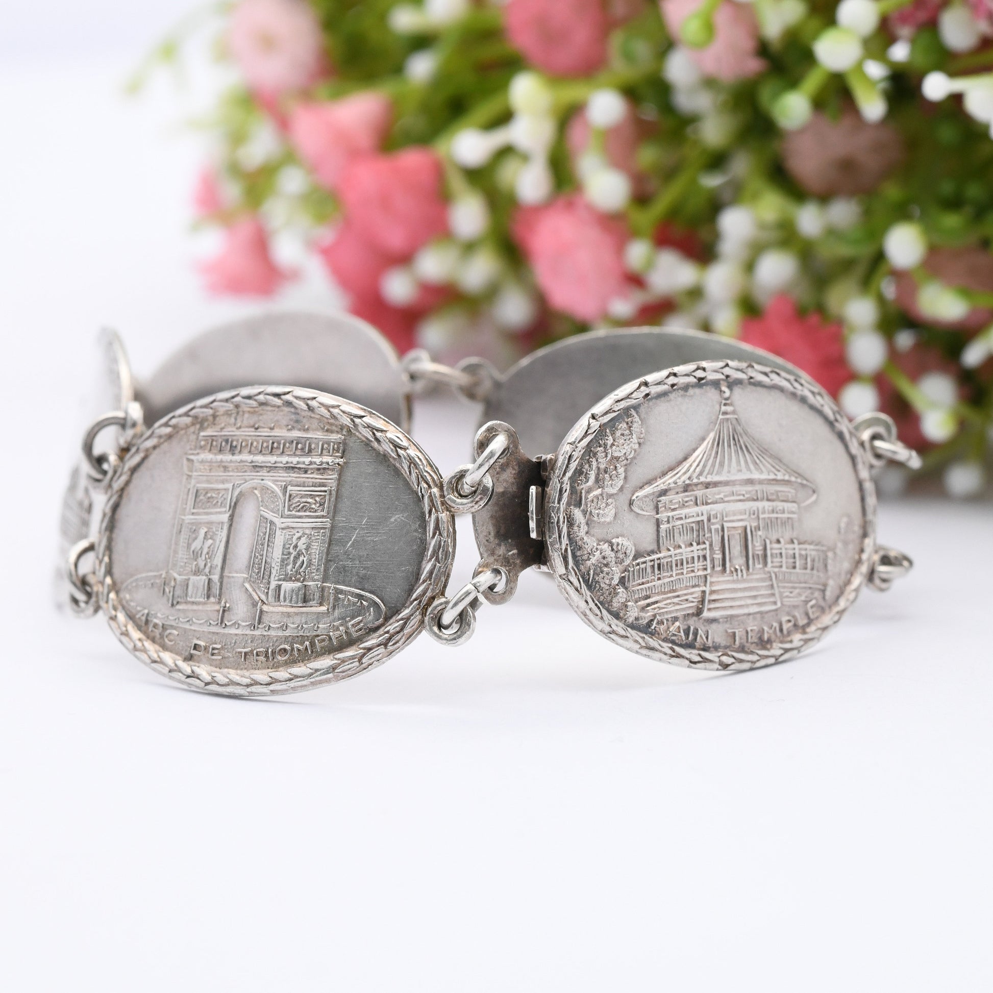 Vintage Sterling Silver Souvenir Bracelet 1945 World Tourist Sites - 5 Panel Scenes | Statue of Liberty USA Arc de Triomphe Paris Parliament