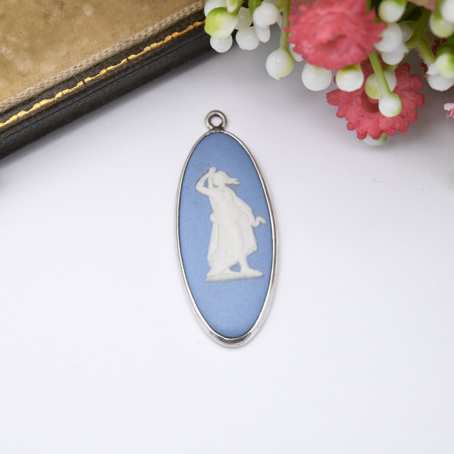 Vintage Wedgwood Sterling Silver Hygieia Blue Jasperware Pendant 1976 - Goddess of Health Snake and Asclepius Staff | Oval Classical Cameo