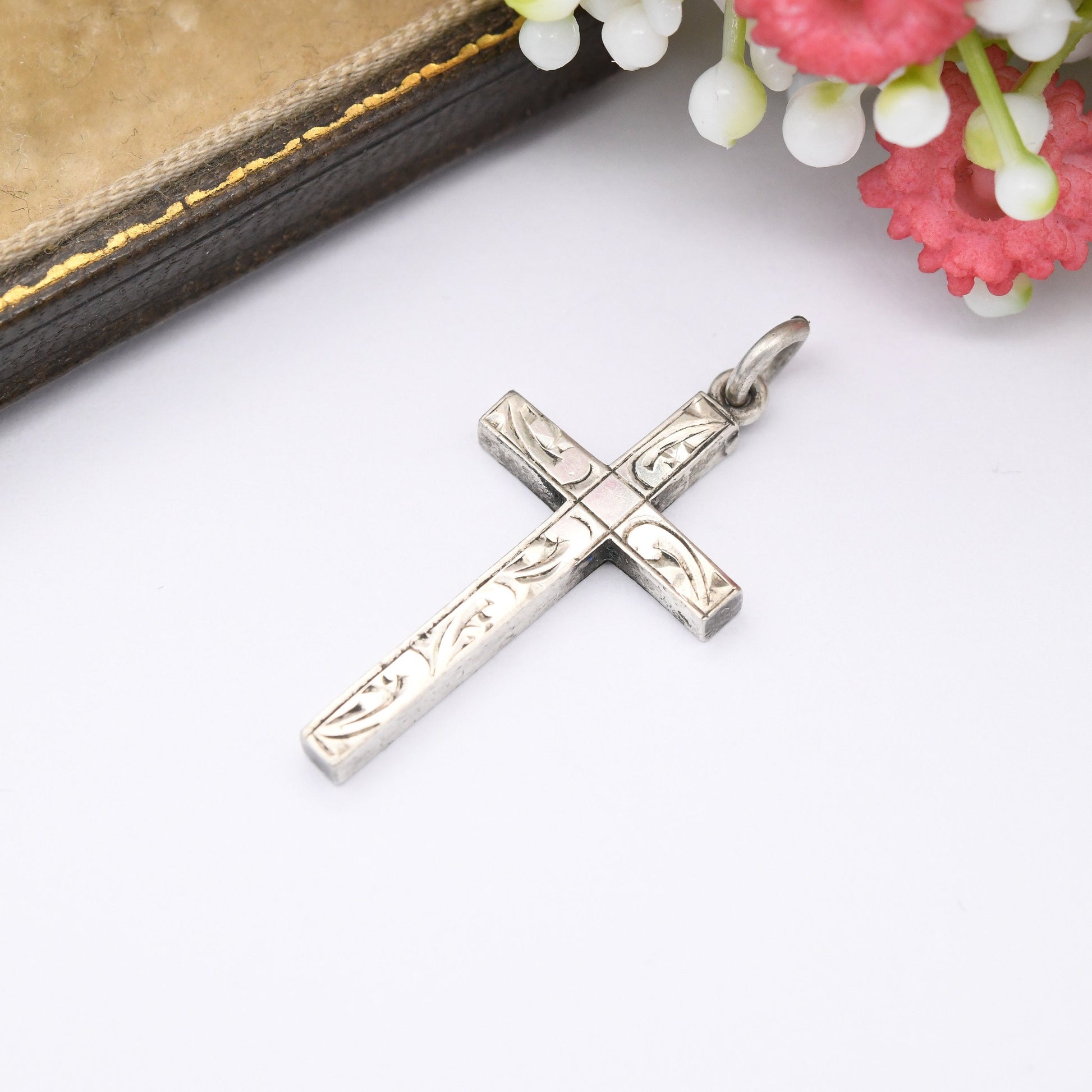 Vintage Sterling Silver Cross Pendant - Chunky Square Design | Hand Engraved Scrolling