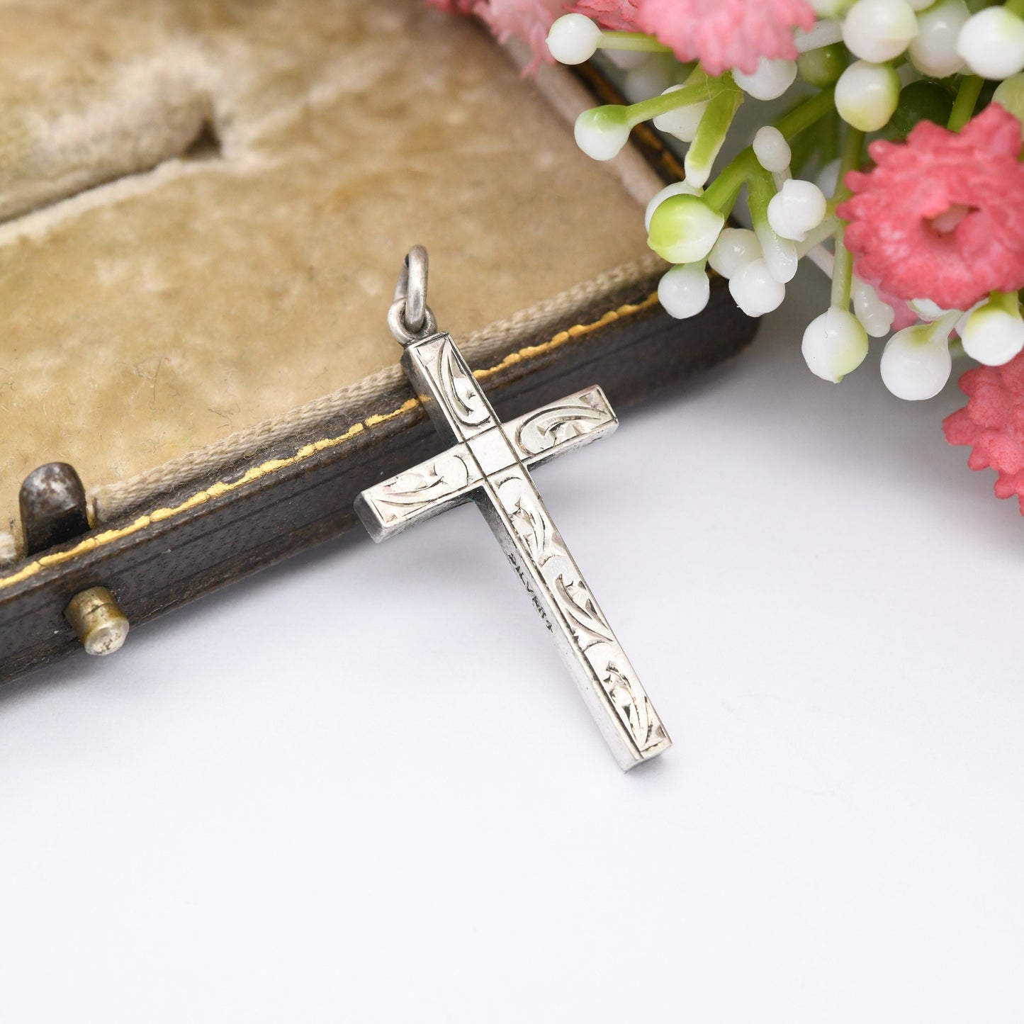 Vintage Sterling Silver Cross Pendant - Chunky Square Design | Hand Engraved Scrolling