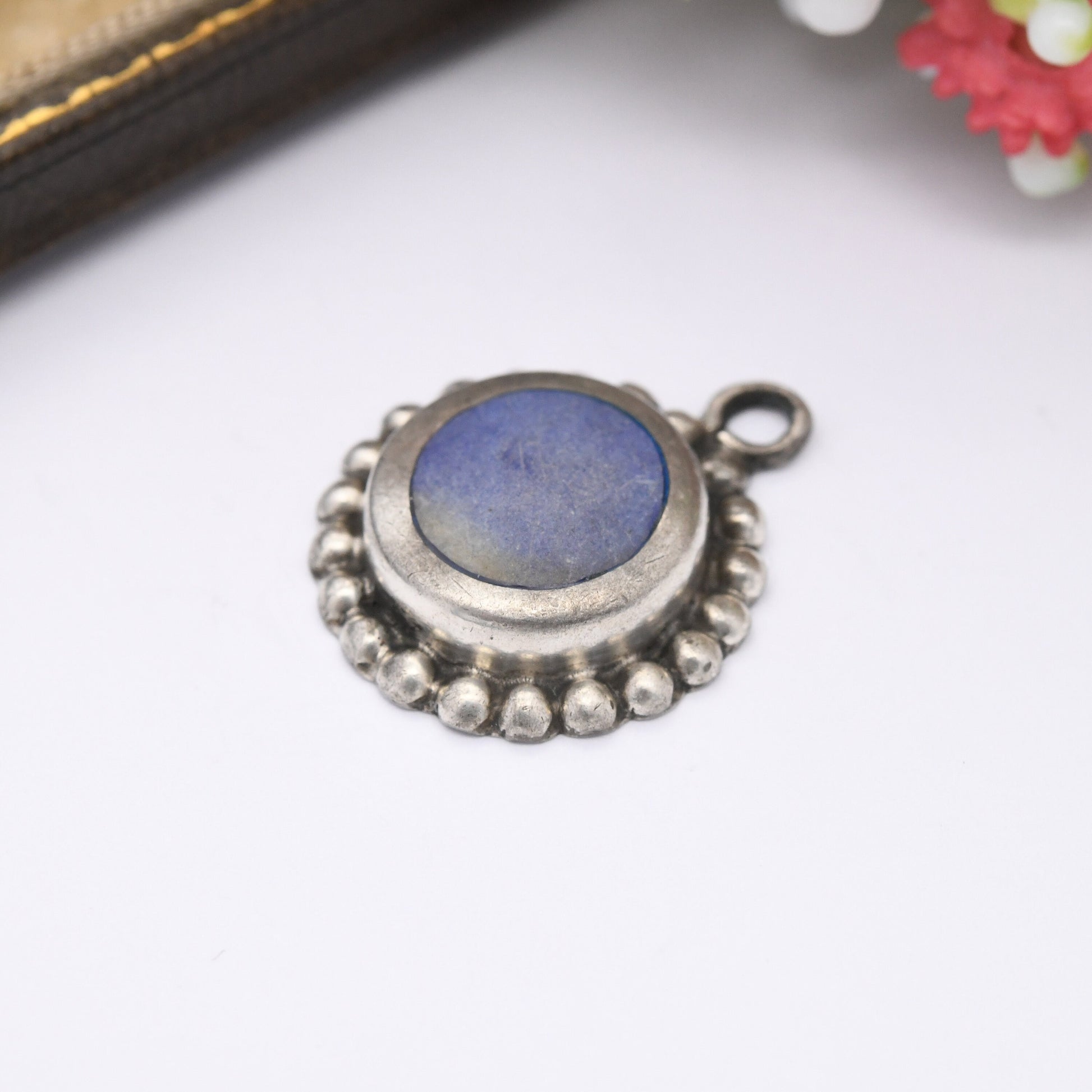 Vintage Taxco Mexico Sterling Silver Blue Stone Pendant - Large Cabochon Stone Granulated Edges | Chunky Necklace Stack Charm