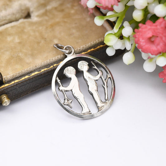 Vintage Polish Silver Gemini Pendant - Cheeky Twin Boys Astrological Zodiac Star Sign | Mid-Century Design | Warsaw City Mark