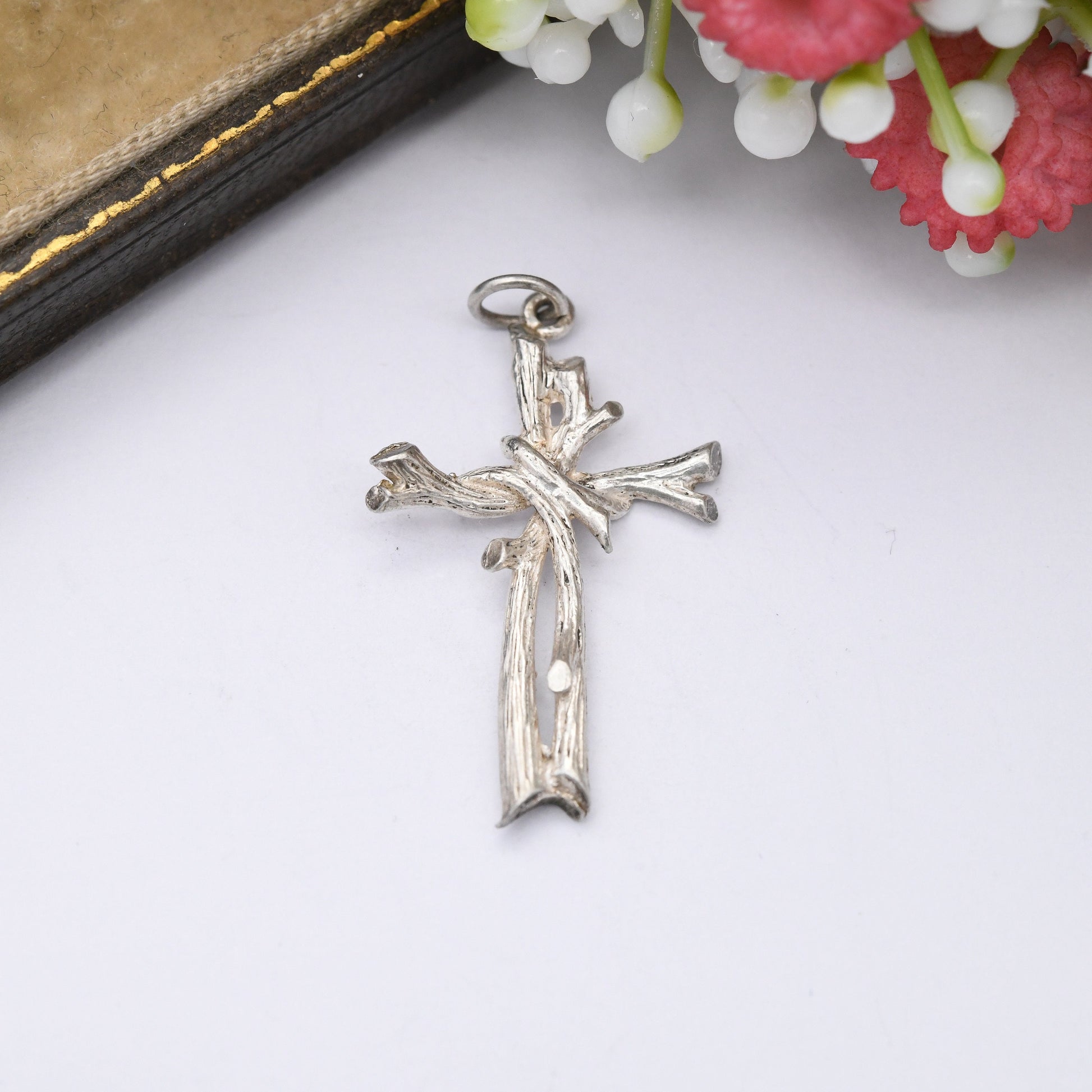 Vintage Sterling Silver Cross Pendant with Bark Wood Effect - Sweet Christening Jewellery Gift Present for Christian