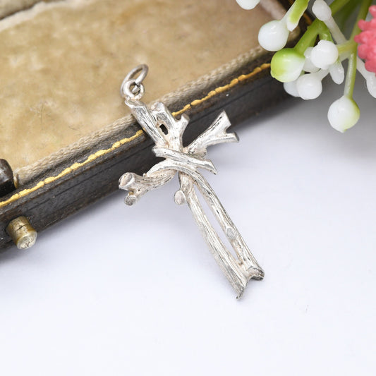 Vintage Sterling Silver Cross Pendant with Bark Wood Effect - Sweet Christening Jewellery Gift Present for Christian