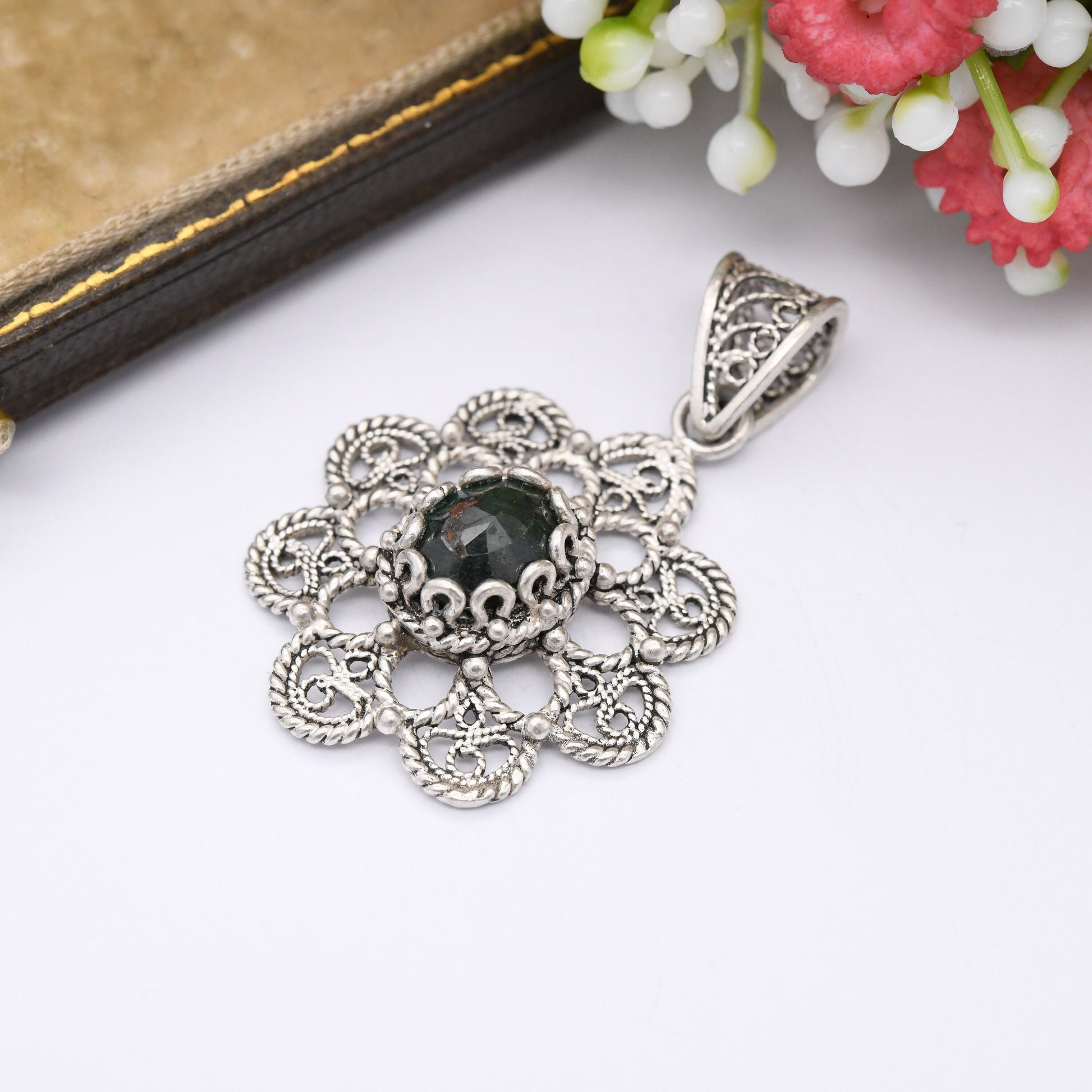 Vintage Sterling Silver Bloodstone Pendant Necklace DGS Turkey - Ornate Openwork Cannetille Filigree Design | Green and Red Faceted Gemstone