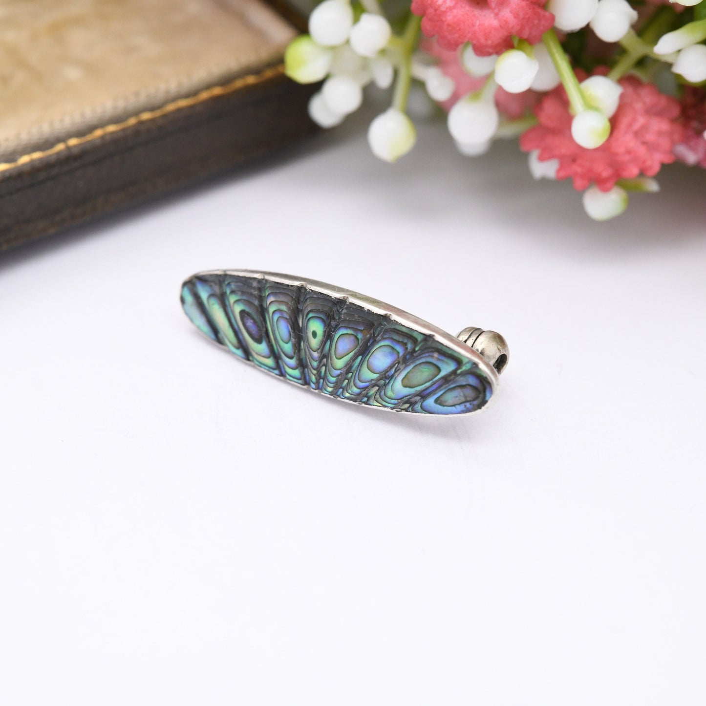 Sterling Silver Abalone Shell Brooch with Carved Radiating Design - Small Oval Shape | Gift for Mother