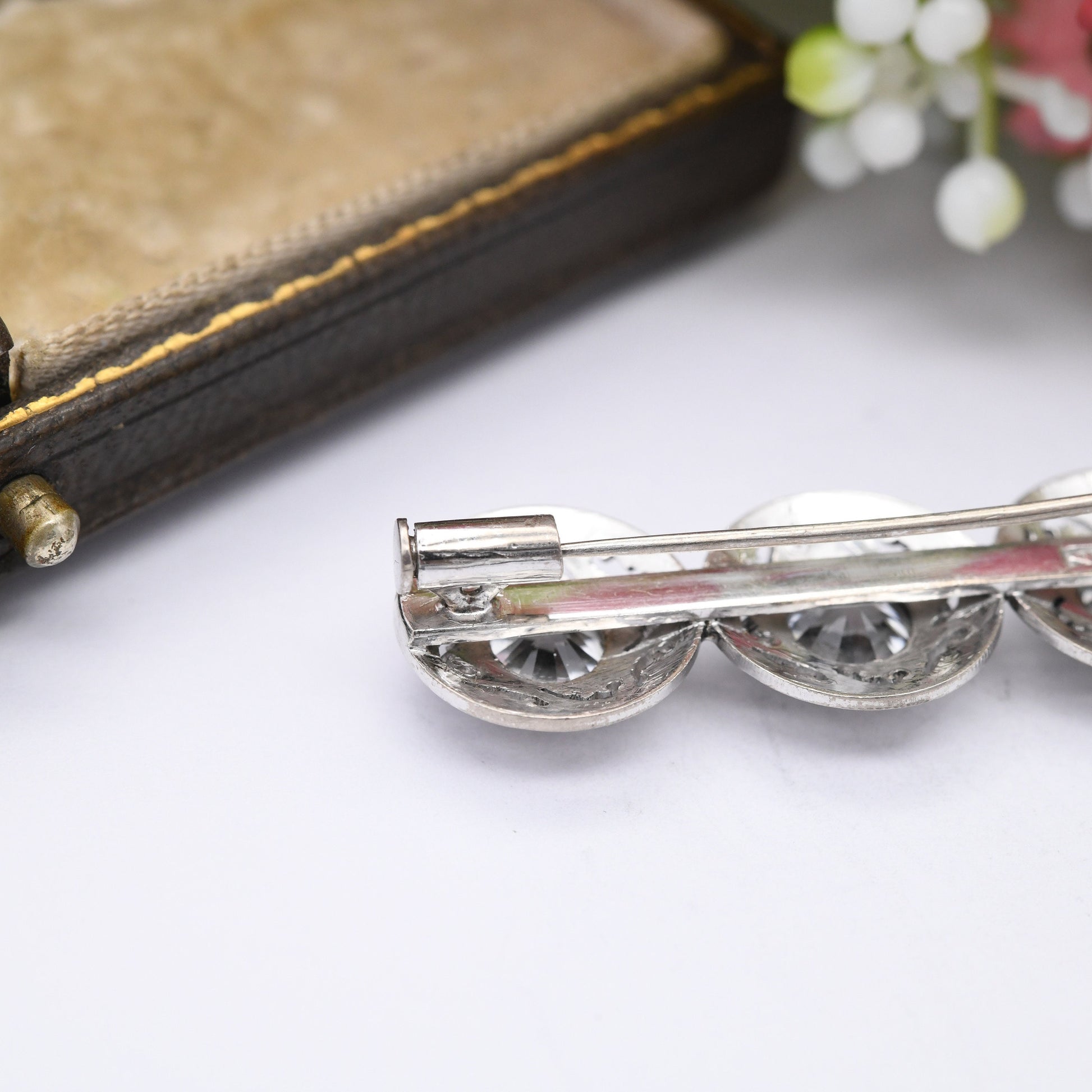 Vintage Silver Zircon Bar Brooch with Large Round Gemstones - Ornate Cut Out Pattern Pretty Sparkly Gift Four Stones True Vintage