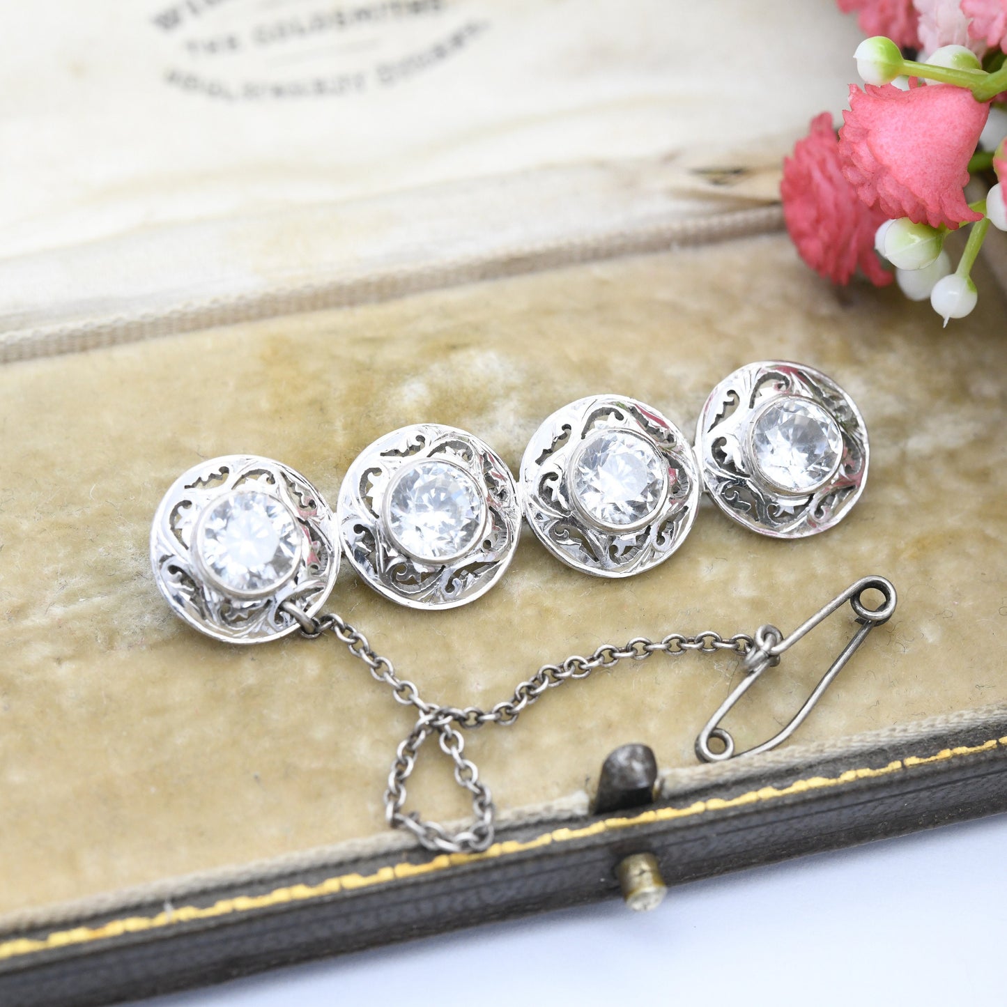 Vintage Silver Zircon Bar Brooch with Large Round Gemstones - Ornate Cut Out Pattern Pretty Sparkly Gift Four Stones True Vintage