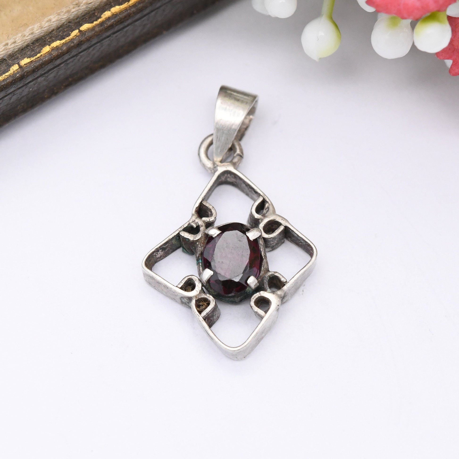 Vintage Silver Purple Garnet Pendant - Faceted Prong Set Gemstone | Gift for Charm Necklace