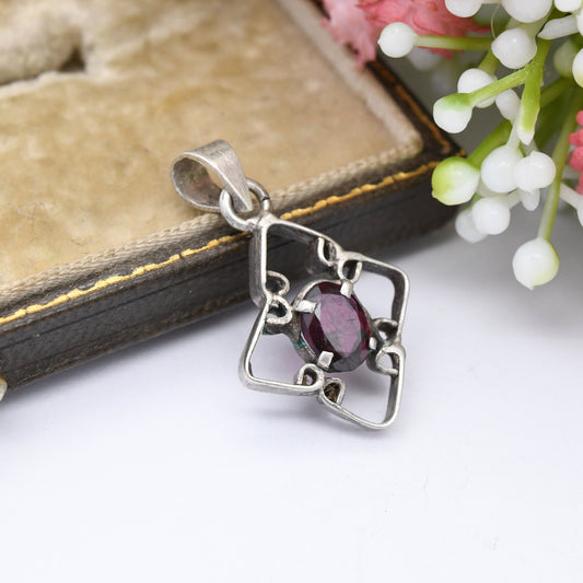 Vintage Silver Purple Garnet Pendant - Faceted Prong Set Gemstone | Gift for Charm Necklace