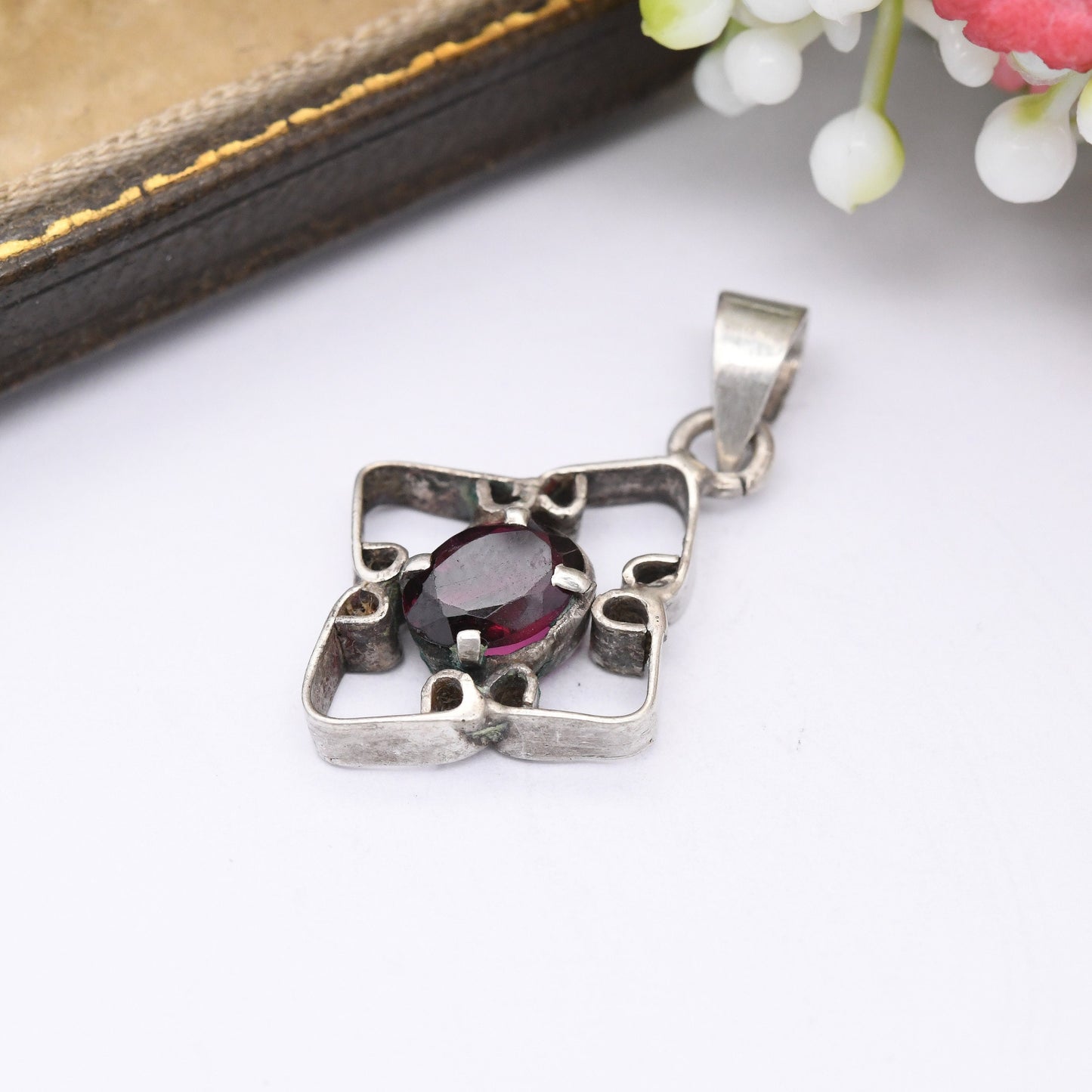 Vintage Silver Purple Garnet Pendant - Faceted Prong Set Gemstone | Gift for Charm Necklace