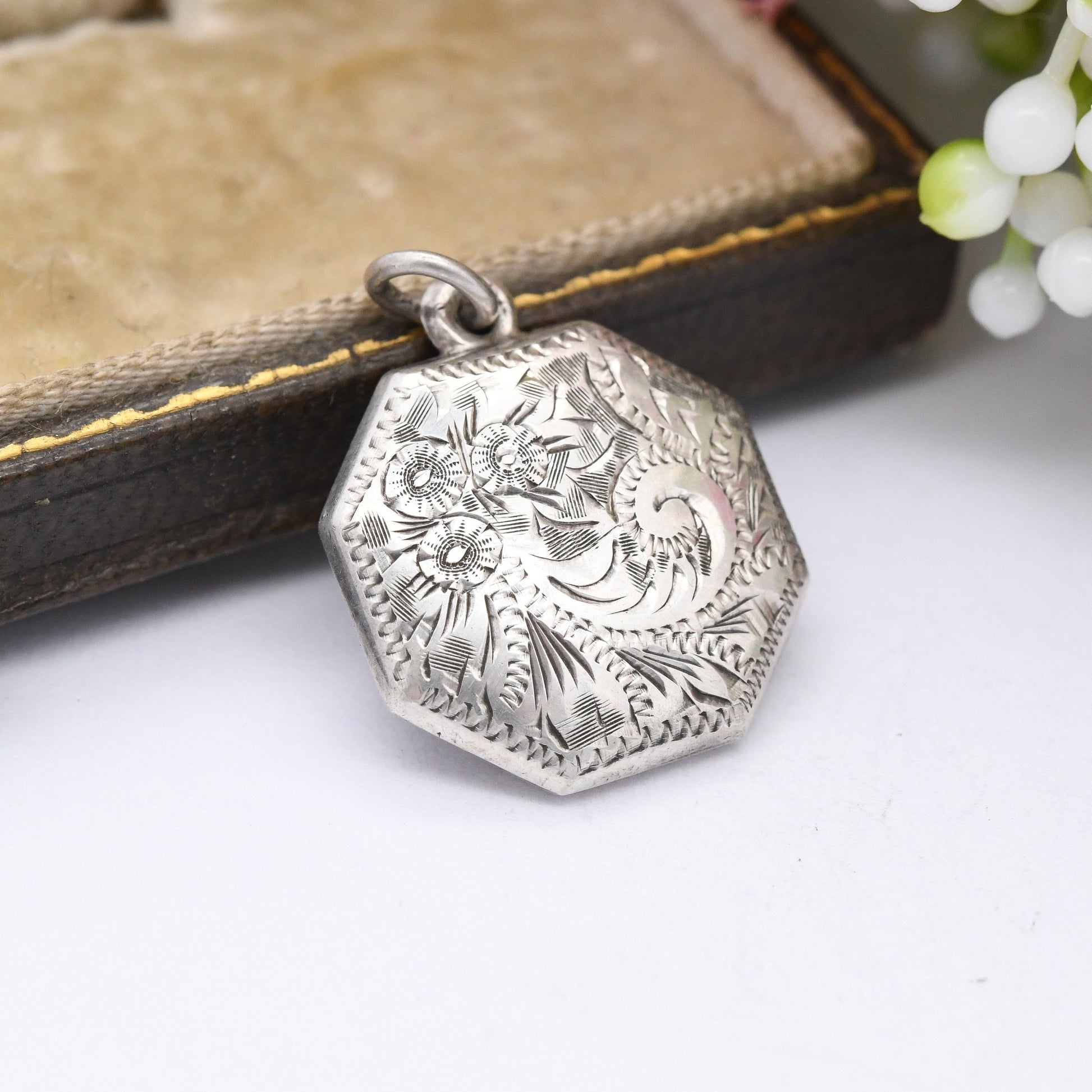 Vintage Sterling Silver Octagonal Pendant with Engraved Floral Design - Gift for Charm Necklace Stack | Pretty Flower Scrolling