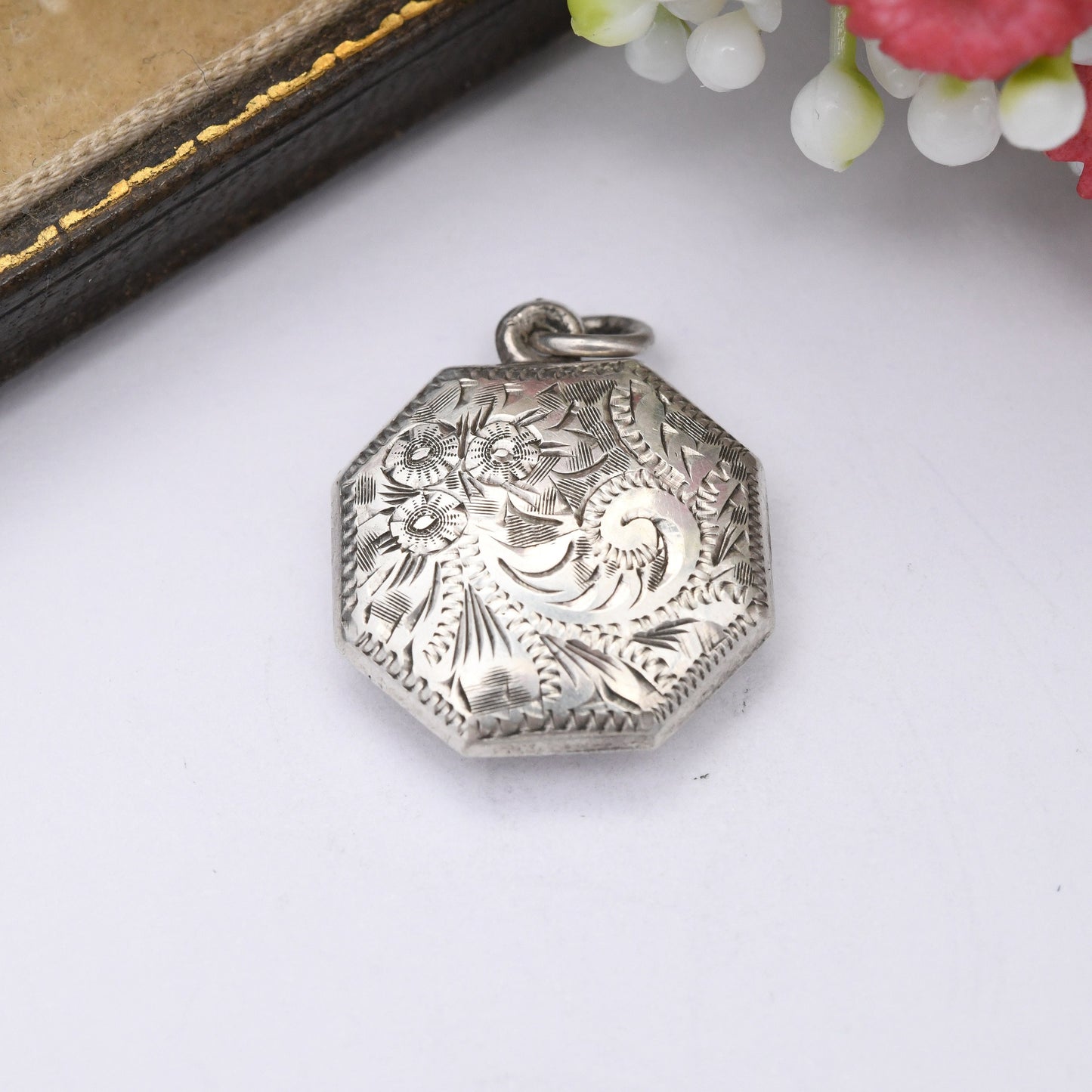 Vintage Sterling Silver Octagonal Pendant with Engraved Floral Design - Gift for Charm Necklace Stack | Pretty Flower Scrolling