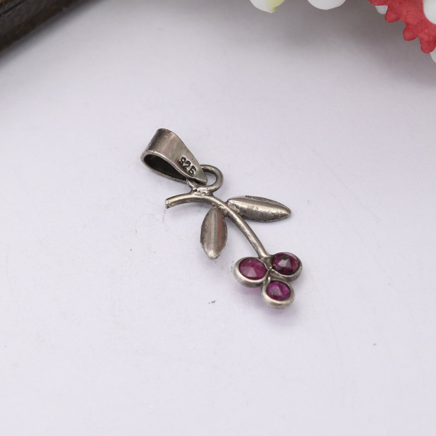 Vintage Sterling Silver Ruby Flower Pendant - Small Floral Cluster Charm | for Necklace Stack | July Birthday Flower Gift