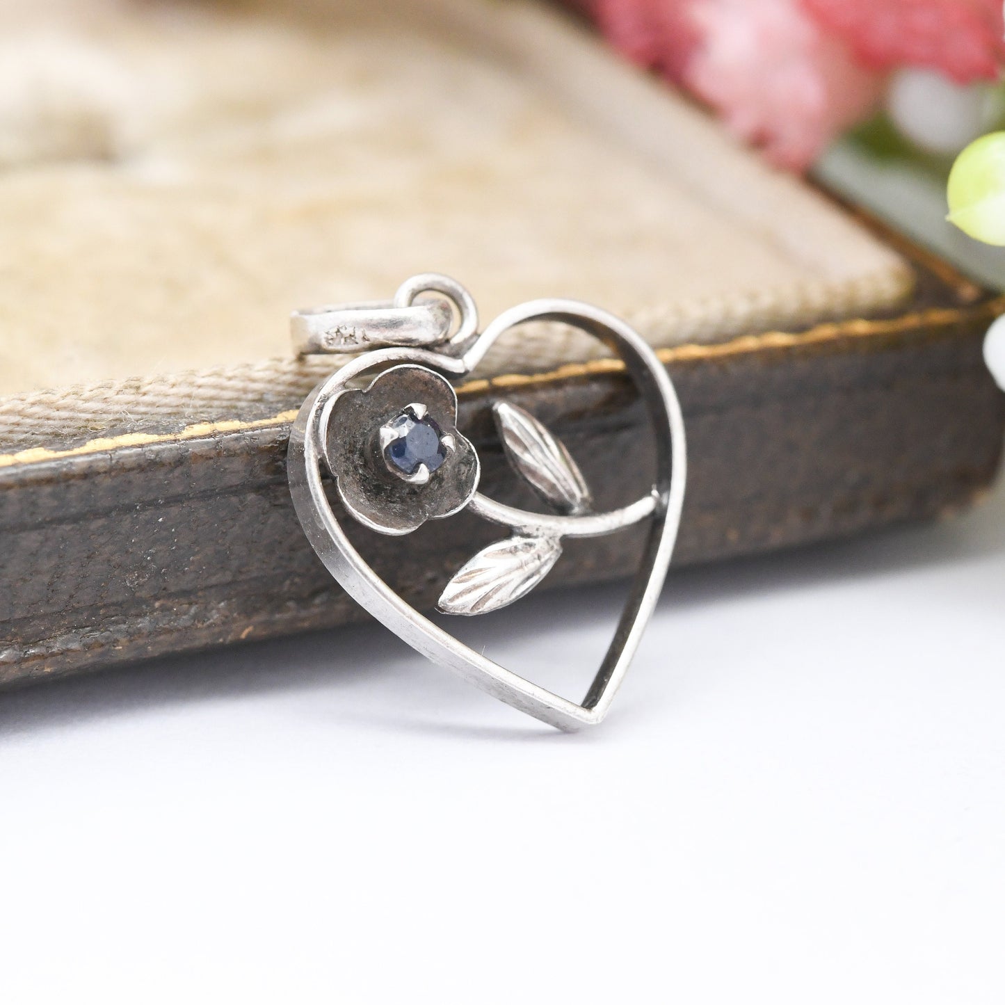 Vintage Sterling Silver Sapphire Flower Pendant - Cute Blue Floral Heart Charm for Necklace Stack | September Gemstone Birthday Flower Gift