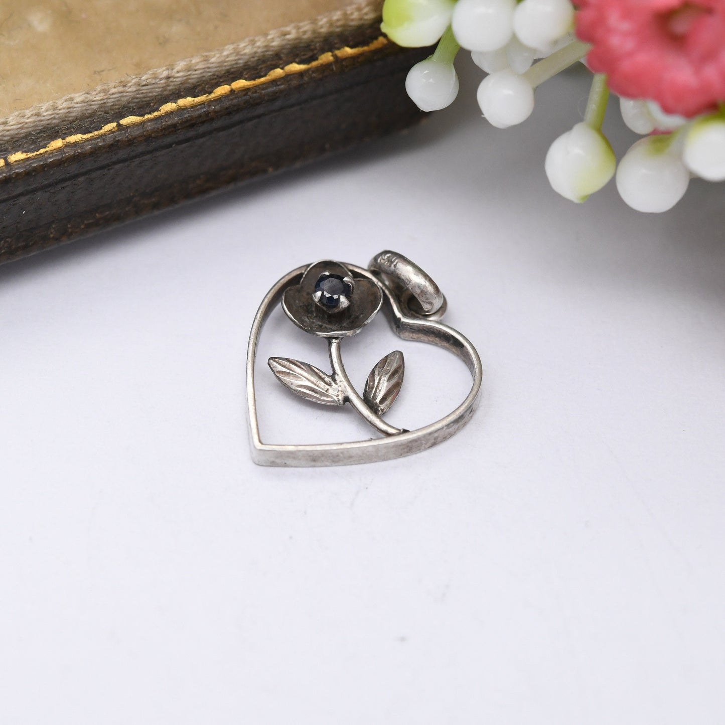 Vintage Sterling Silver Sapphire Flower Pendant - Cute Blue Floral Heart Charm for Necklace Stack | September Gemstone Birthday Flower Gift