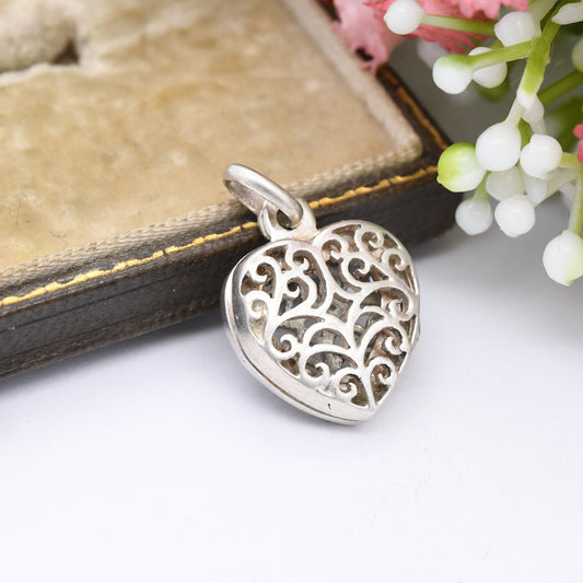 Vintage Sterling Silver Heart Locket Pendant Openwork Scrolling Design - Small Love Heart Shaped Charm Pendant | Cute Gift for Her