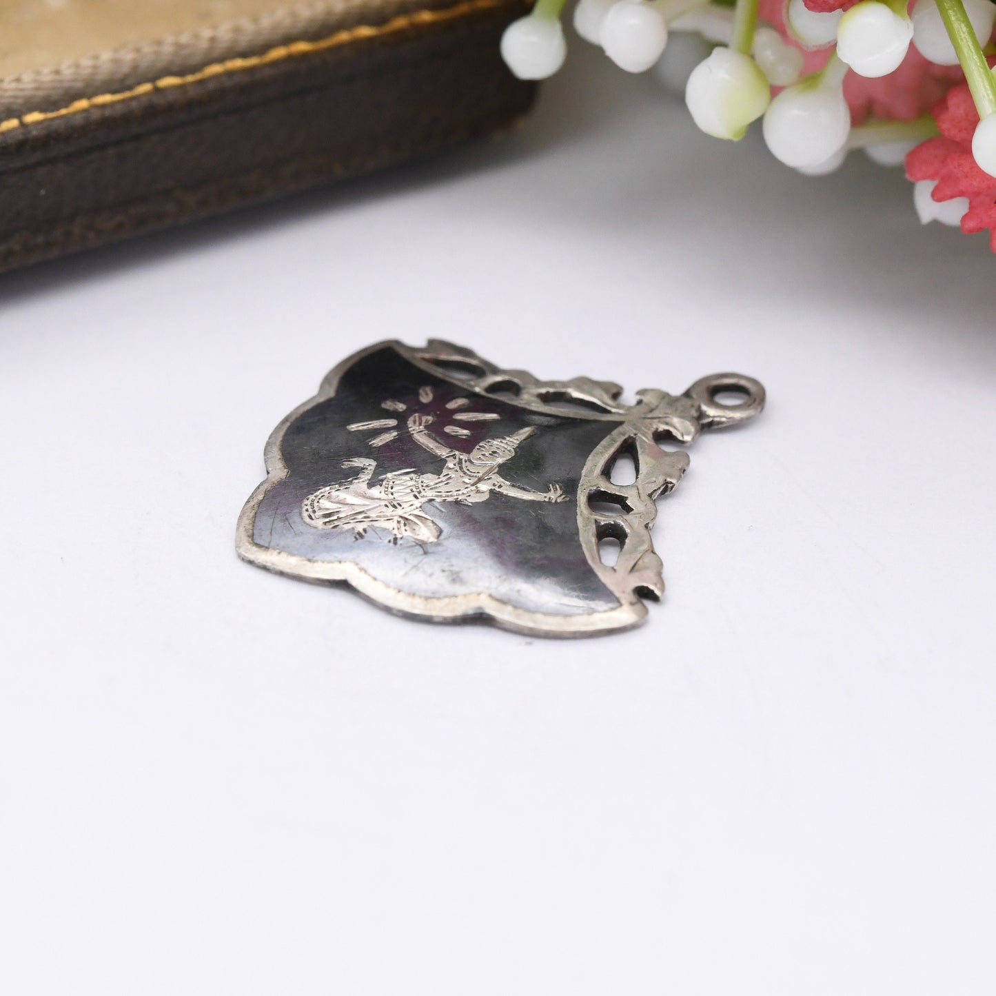 Vintage Siam Sterling Silver Pendant with Black Niello - Unusual Shape with Ornate Border | Mekkala Goddess of Lightning Manimekhala Symbol