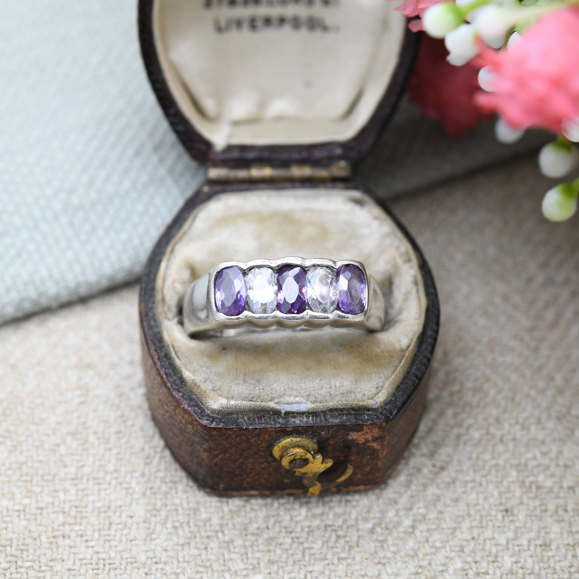 Sterling Silver Amethyst CZ Five Stone Ring - Chunky Gypsy Ring | Pretty Gift for Her | UK Size - M | US Size - 6 1/4