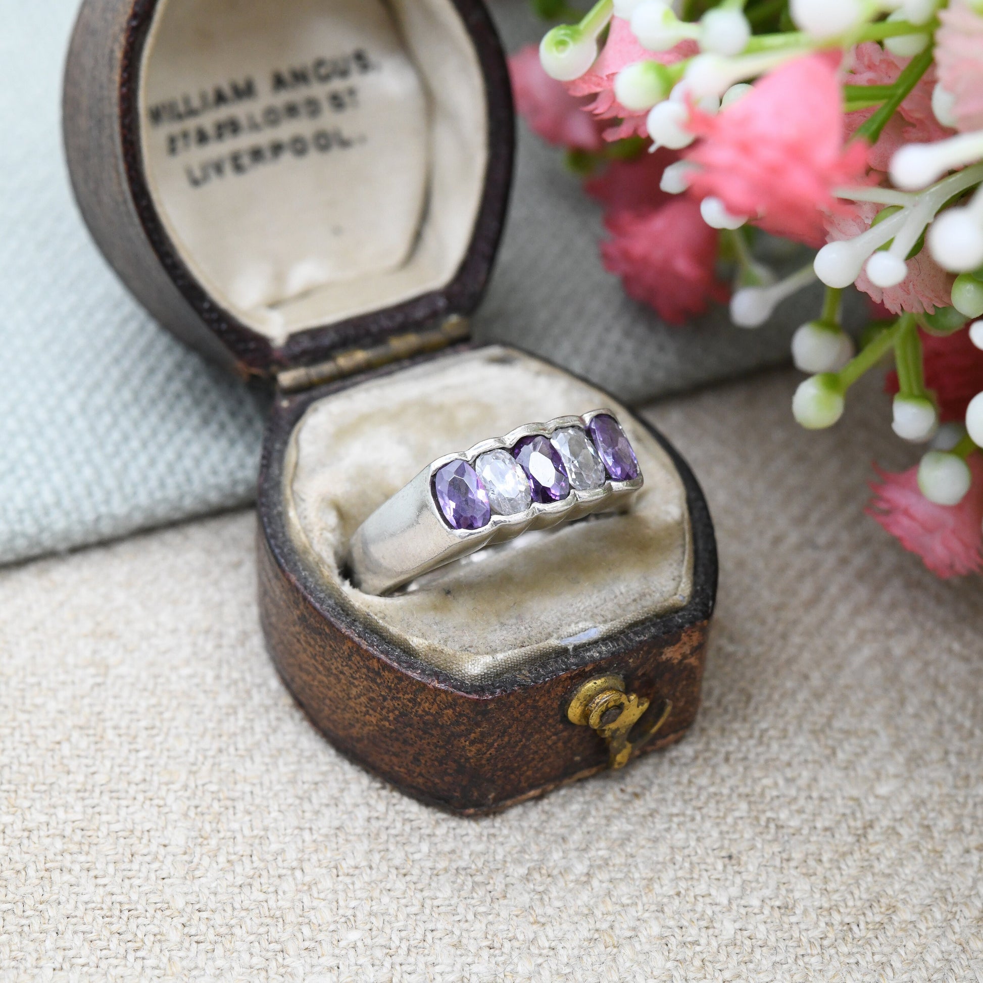 Sterling Silver Amethyst CZ Five Stone Ring - Chunky Gypsy Ring | Pretty Gift for Her | UK Size - M | US Size - 6 1/4