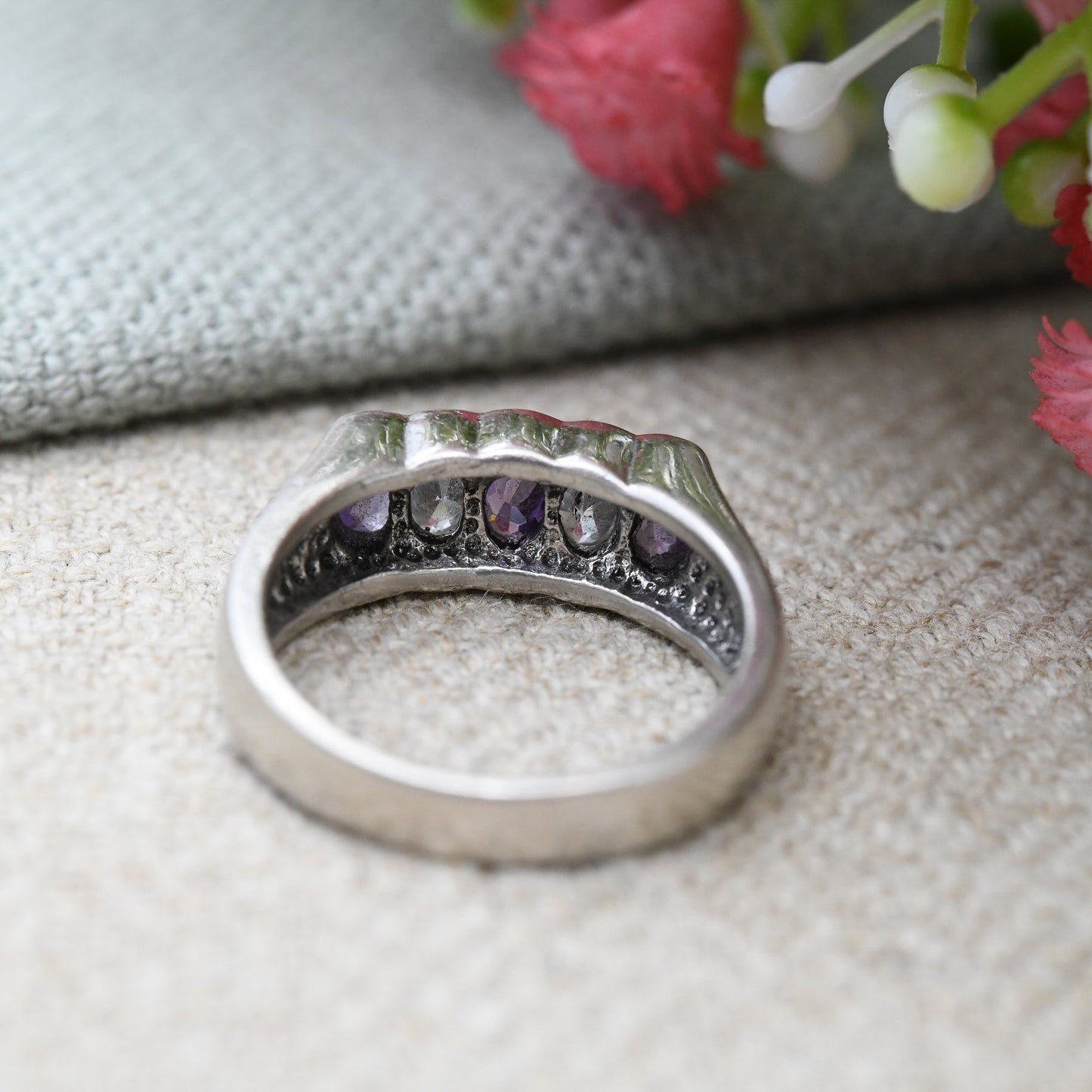 Sterling Silver Amethyst CZ Five Stone Ring - Chunky Gypsy Ring | Pretty Gift for Her | UK Size - M | US Size - 6 1/4