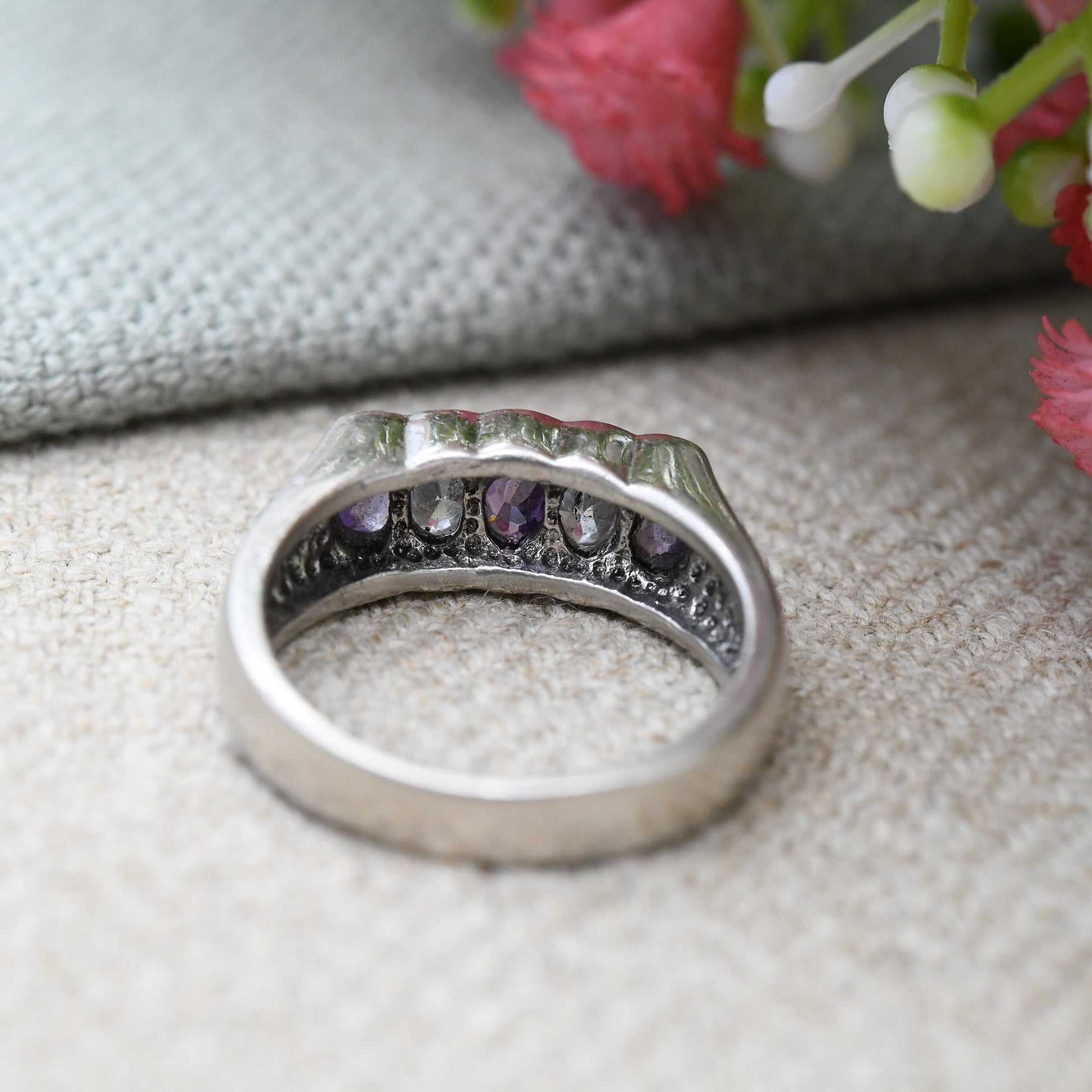 Sterling Silver Amethyst CZ Five Stone Ring - Chunky Gypsy Ring | Pretty Gift for Her | UK Size - M | US Size - 6 1/4