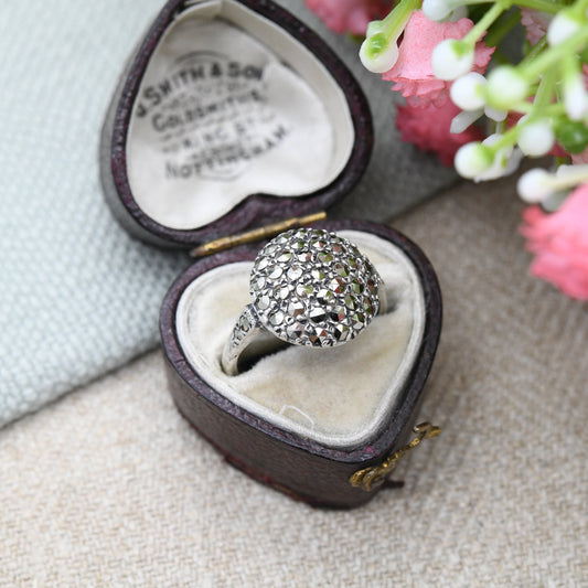 Vintage Sterling Silver Marcasite Cluster Boule Ring - Statement Sparkly Cocktail Ring | UK Size - K 1/2 | US Size - 5 1/2