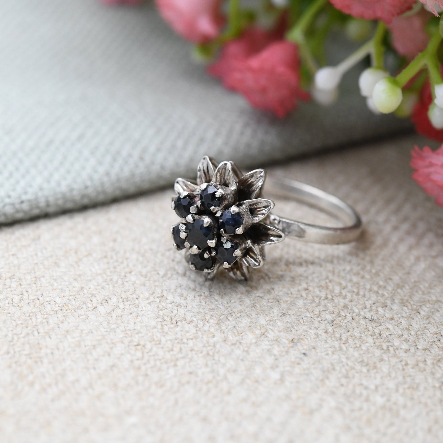 Vintage Sterling Silver Sapphire Cluster Flower Ring - Mid-Century Statement Sparkly Cocktail Ring | UK Size - N 1/2 | US Size - 6 3/4