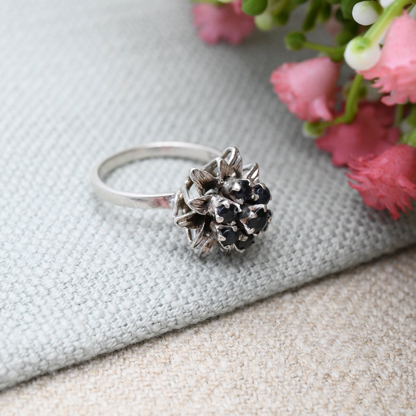 Vintage Sterling Silver Sapphire Cluster Flower Ring - Mid-Century Statement Sparkly Cocktail Ring | UK Size - N 1/2 | US Size - 6 3/4