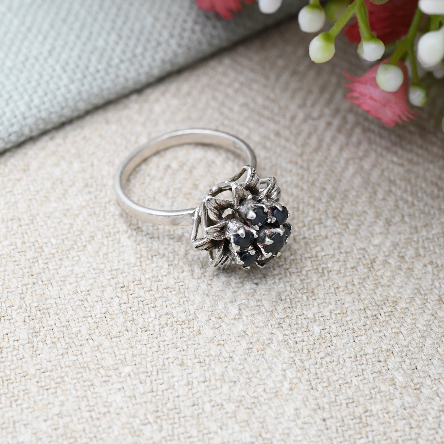 Vintage Sterling Silver Sapphire Cluster Flower Ring - Mid-Century Statement Sparkly Cocktail Ring | UK Size - N 1/2 | US Size - 6 3/4